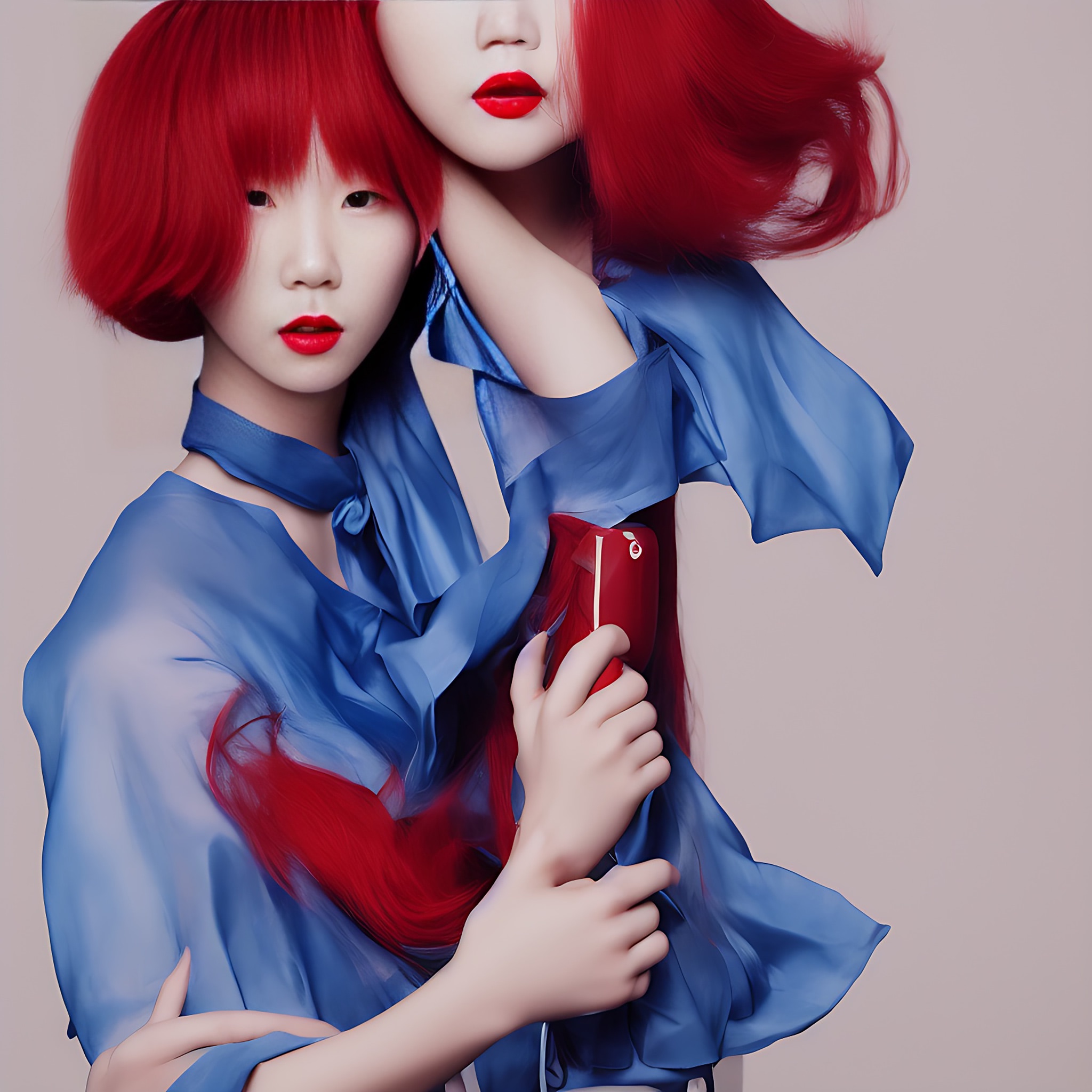 Two women with vibrant red hair, wearing blue sheer shirts.