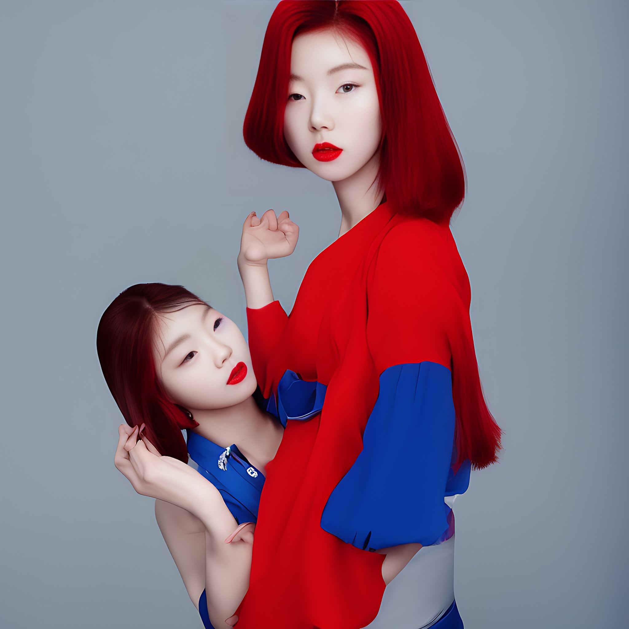 Two Korean models with red hair, wearing red and blue clothing.