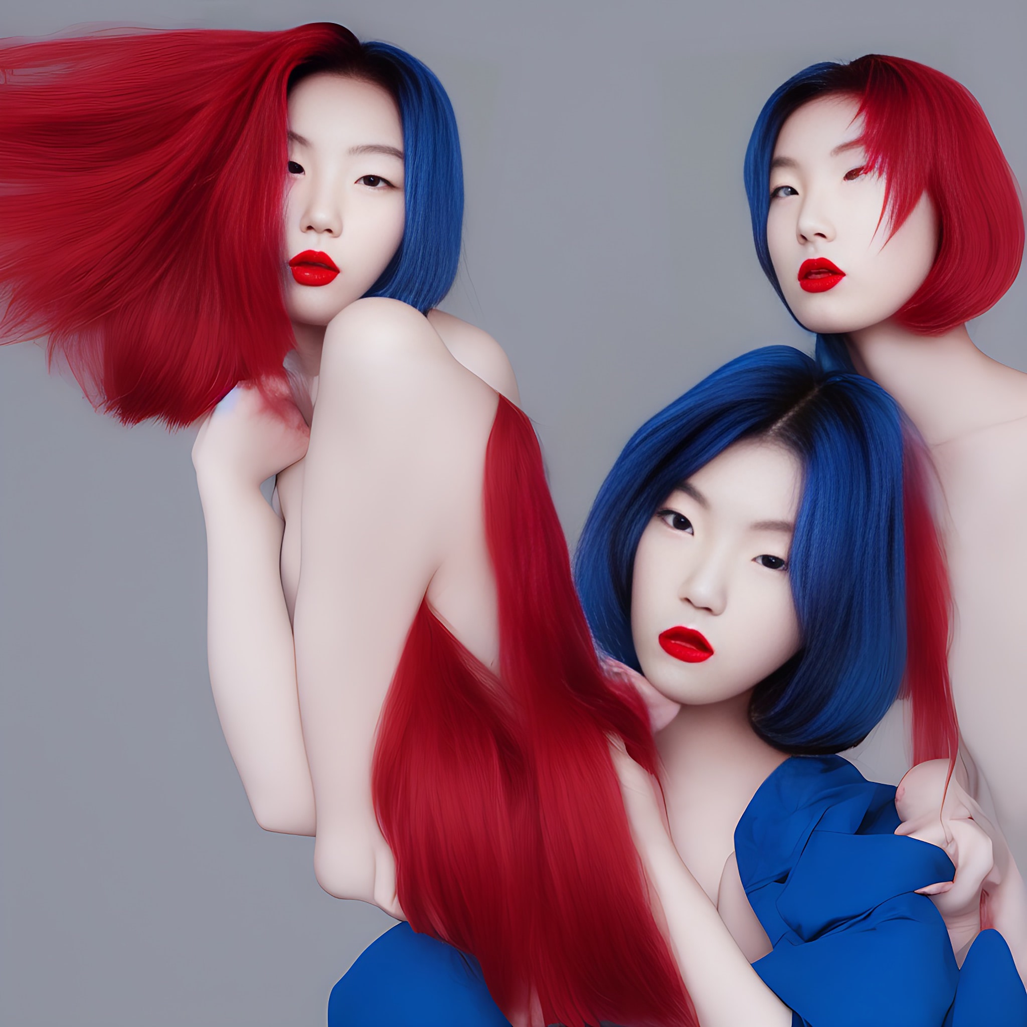 Three Asian women with half red and half blue hair, wearing blue clothing.