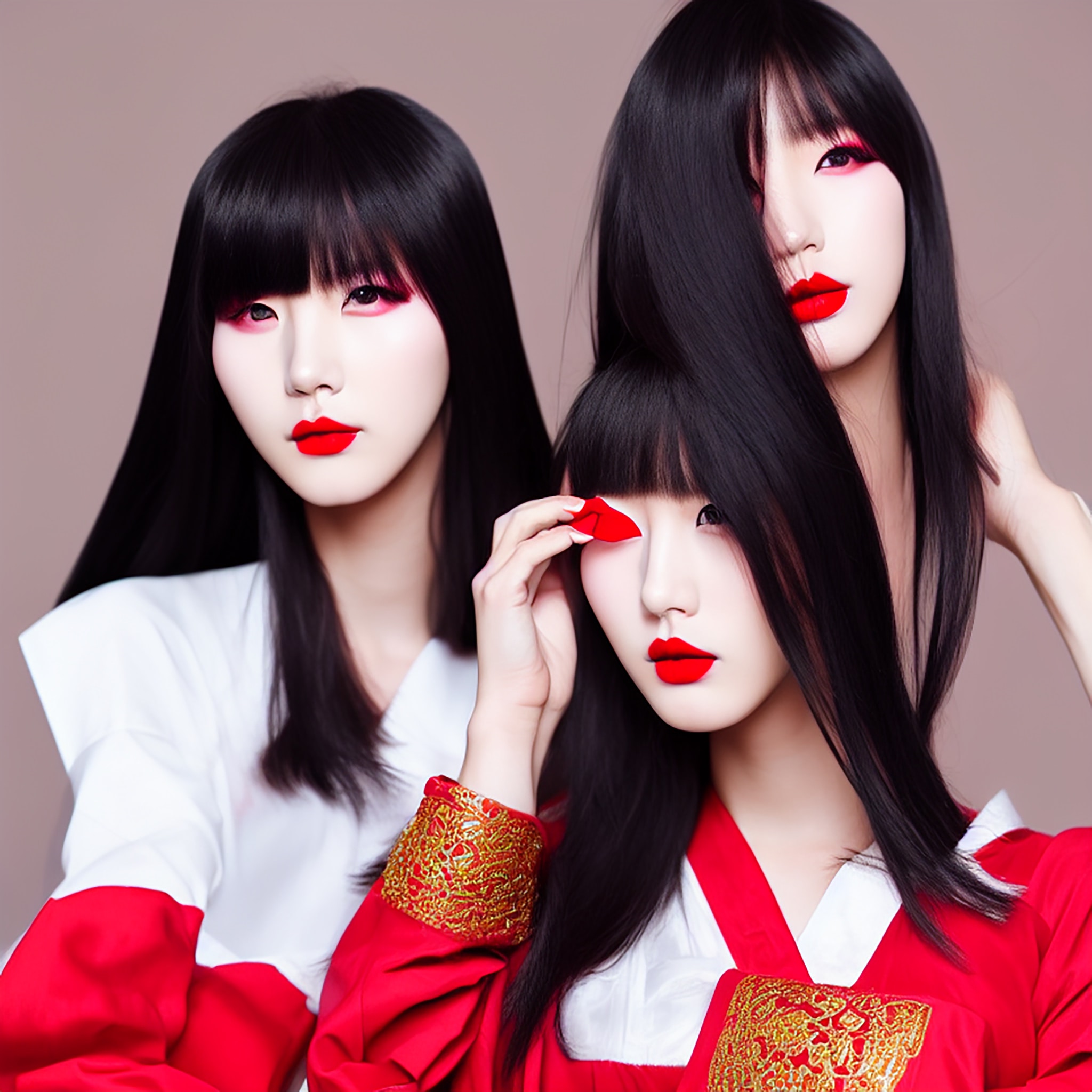 Three young women with long black hair and red lipstick wear red and white Korean-style clothing.