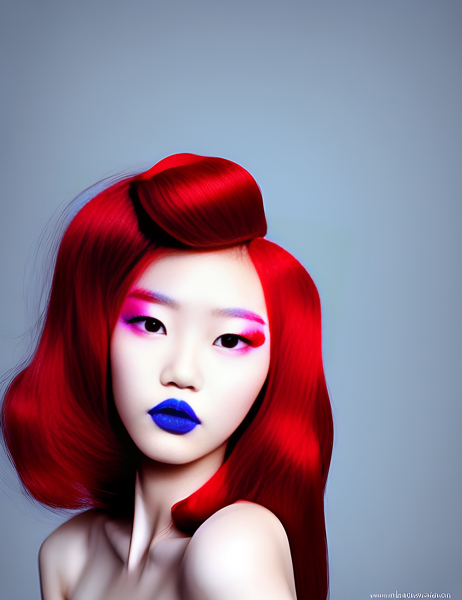 Portrait of a woman with vibrant red hair and bold blue lipstick.
