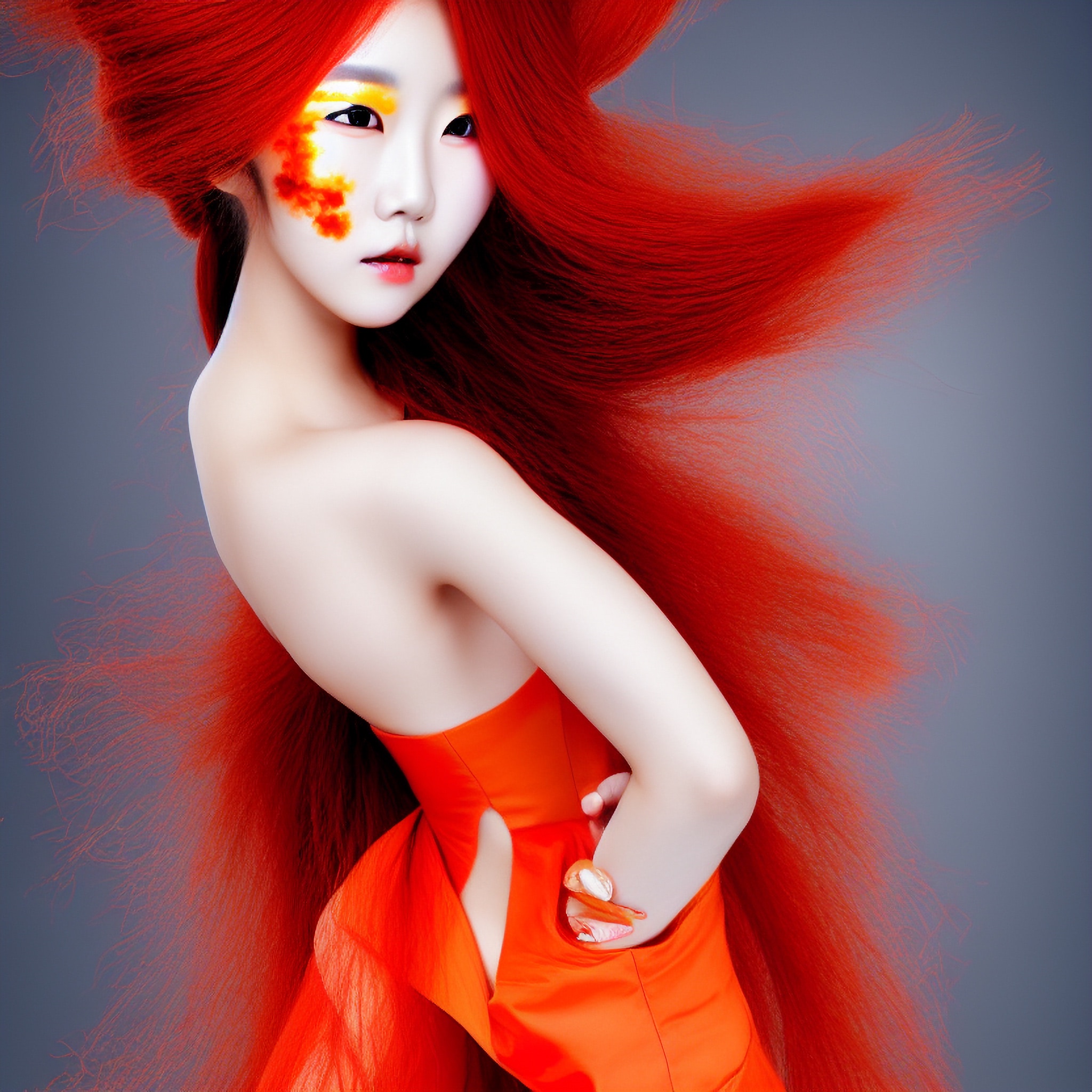 Korean model with fiery red hair and orange dress, styled with artistic makeup.