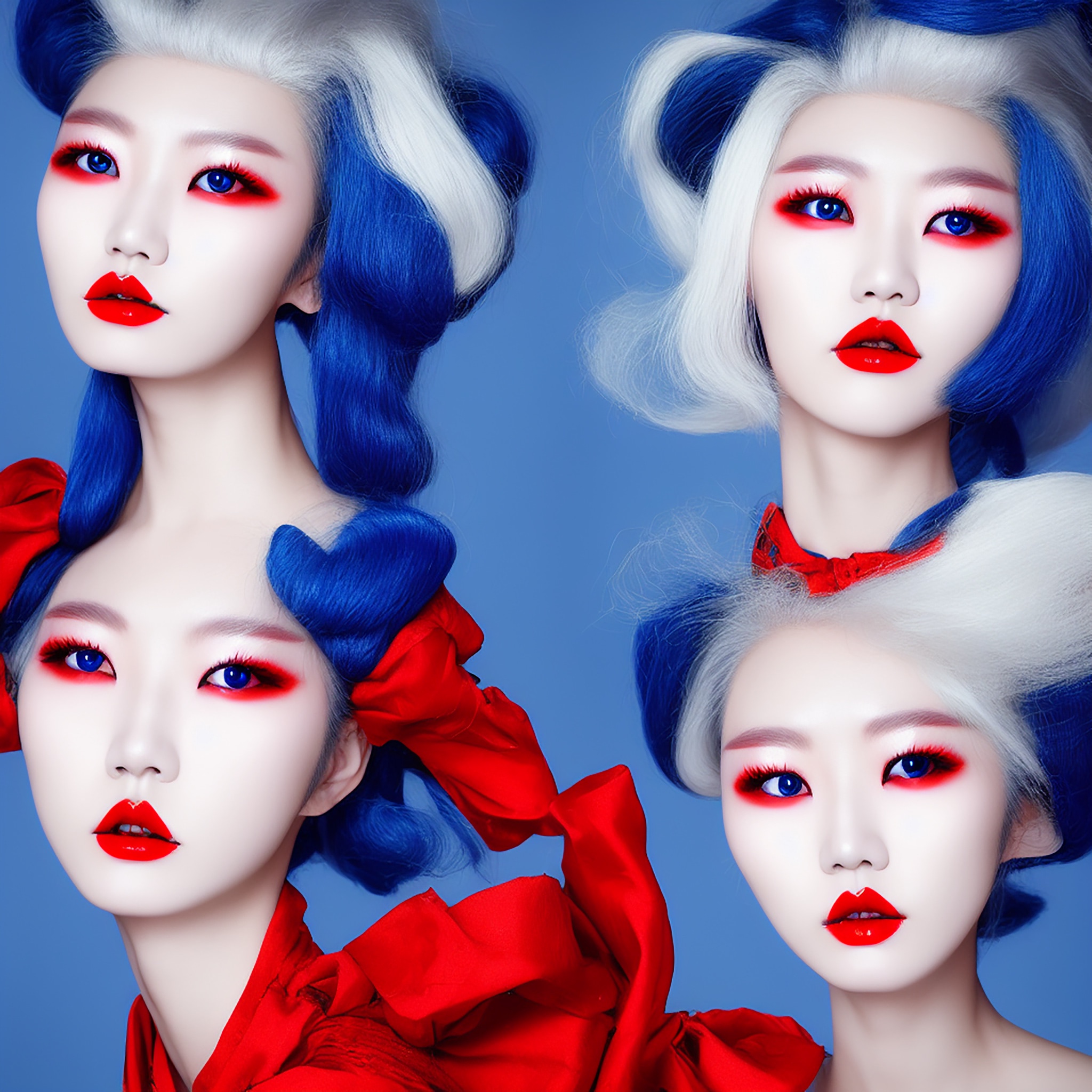 Four portraits of a Korean model with half white and half blue hair, wearing red lipstick and dramatic red and blue eye makeup.