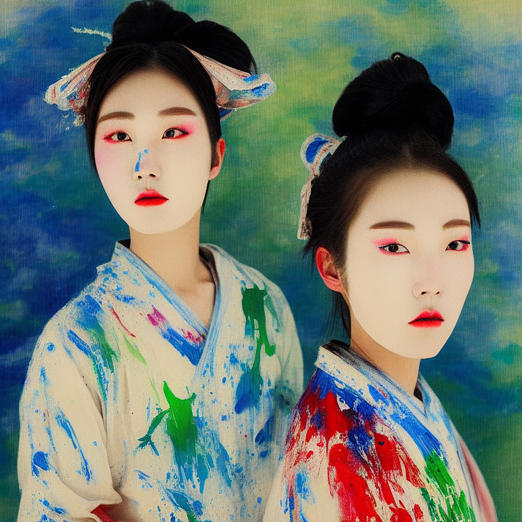 Two Korean models with paint-splattered kimonos.