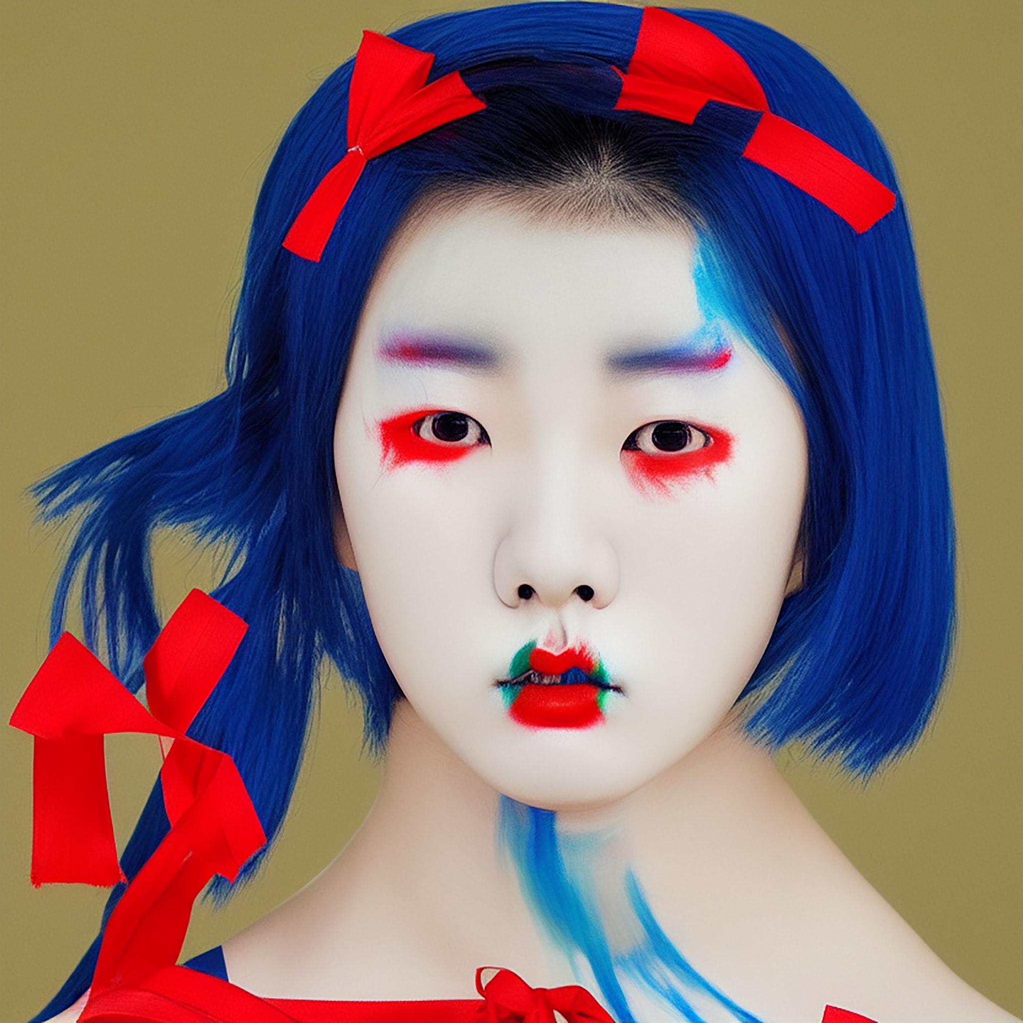 Close-up portrait of a young woman with vibrant blue hair, red bows, and bold red and blue makeup.