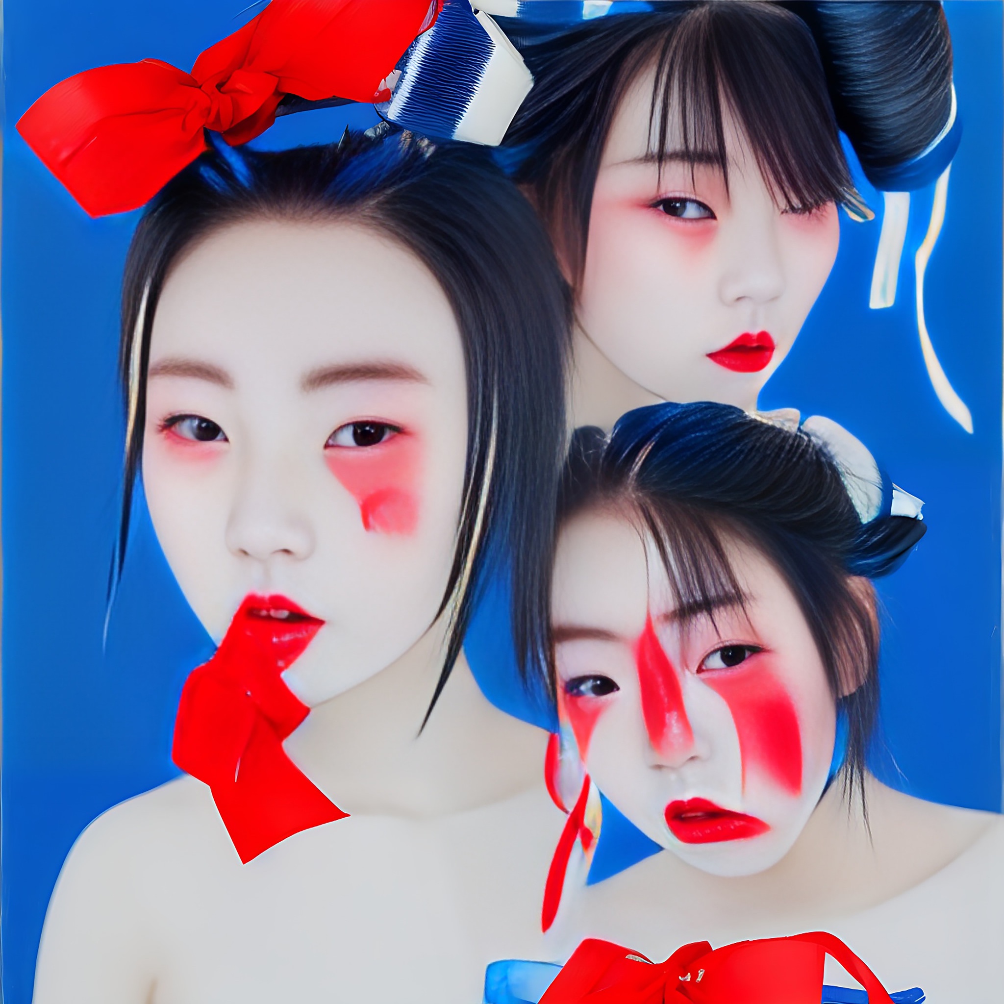 Three young Korean women with bold red and white makeup against a blue background.