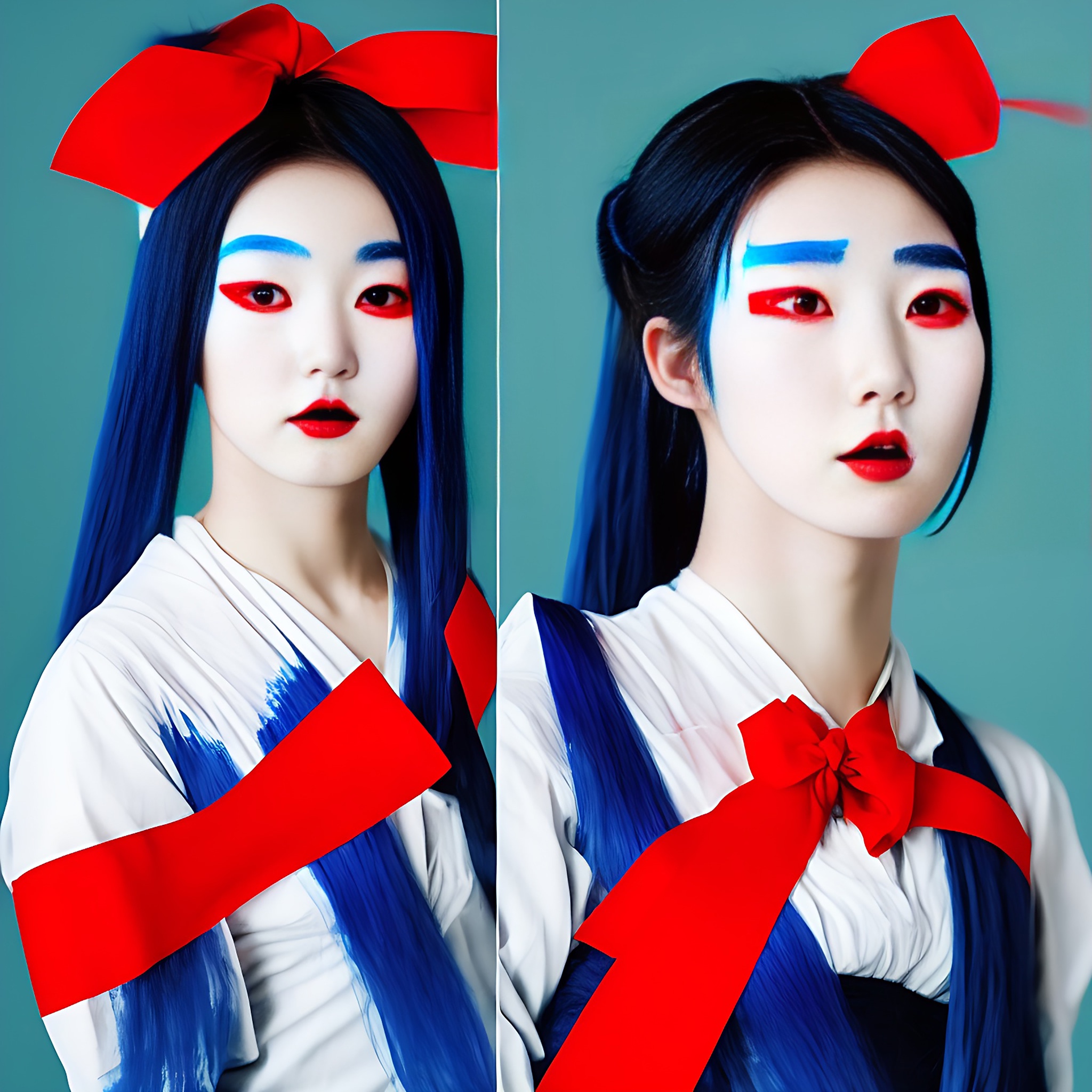 Diptych of a young woman with blue hair, red and blue makeup, and red ribbons in her hair and on her clothing.