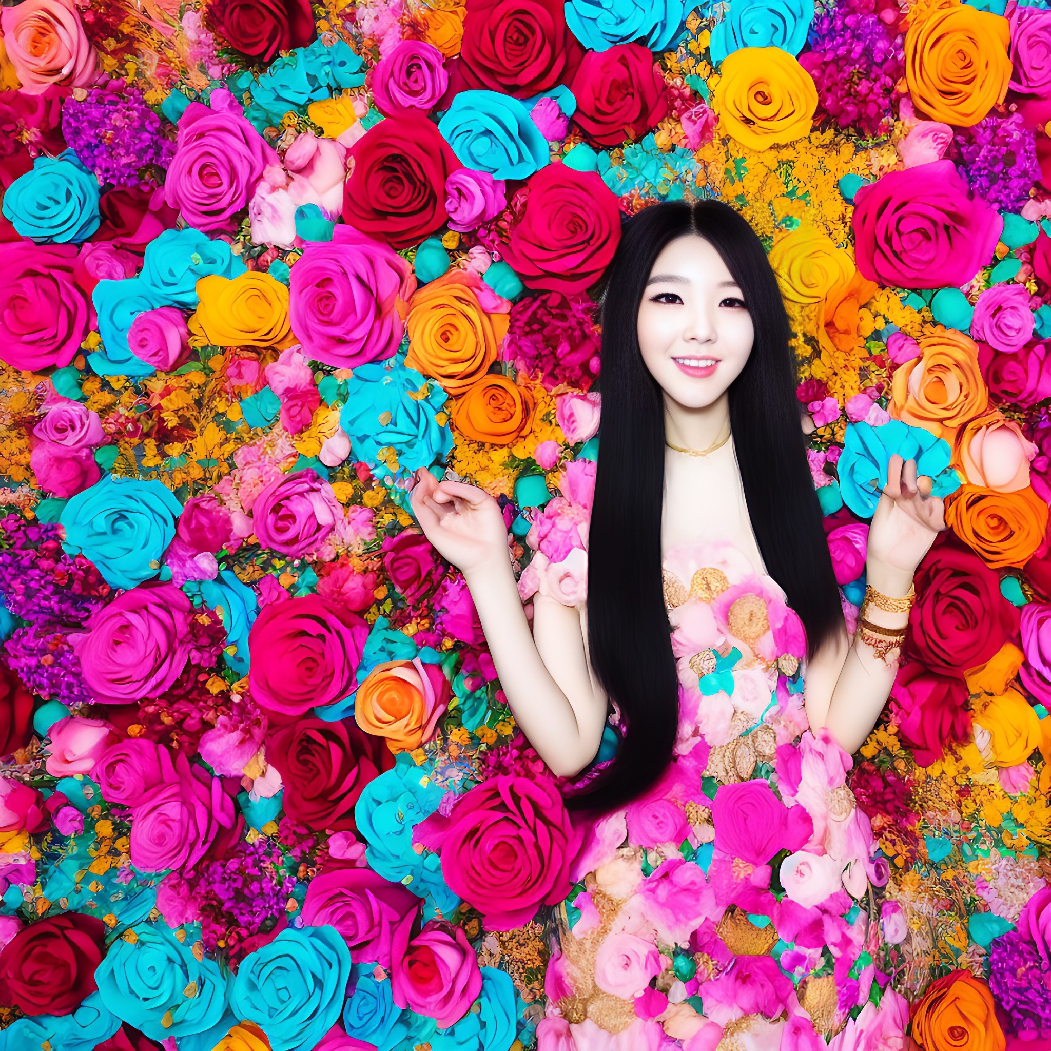 K-pop female model lying in a field of colorful roses.