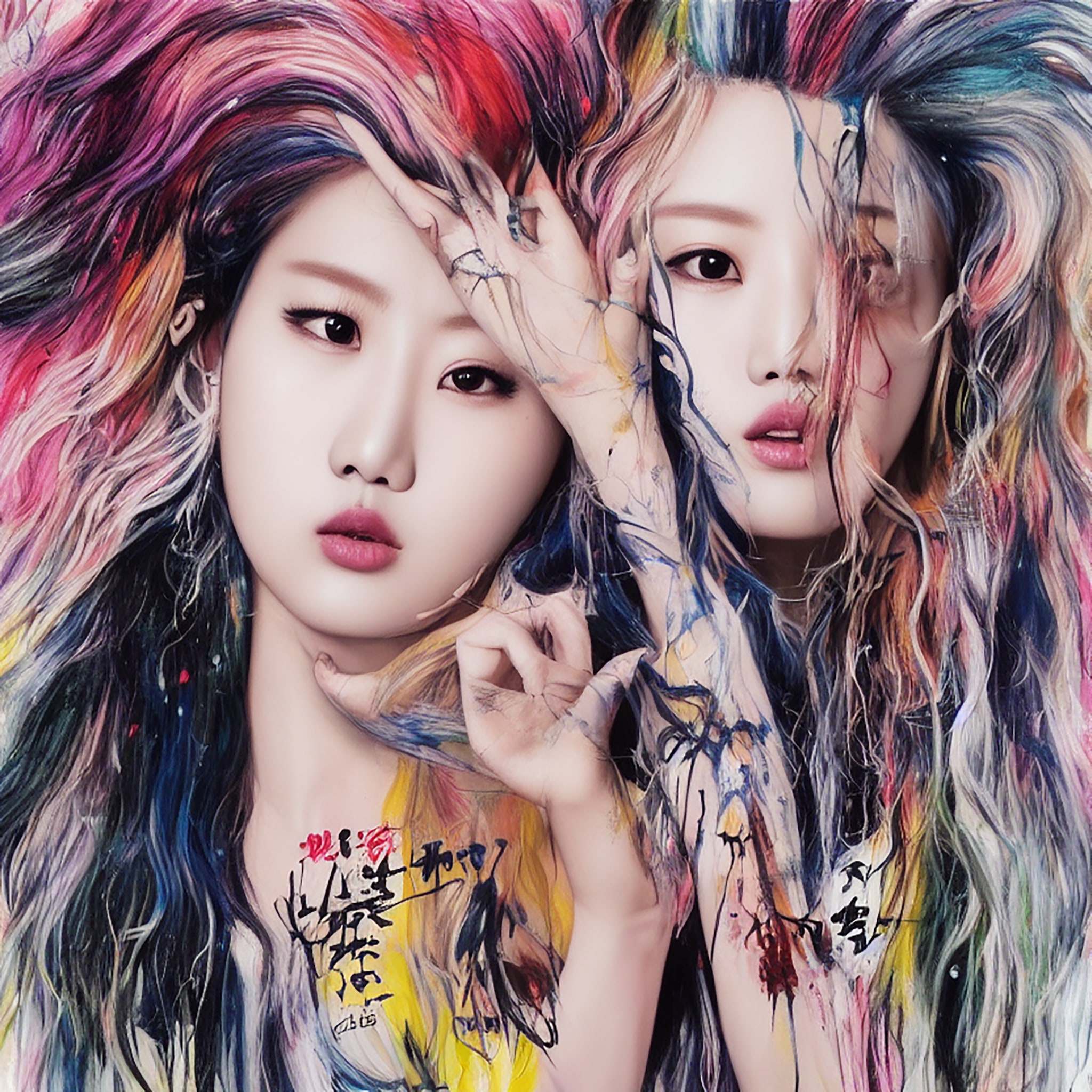 Two women with vibrantly colored hair and paint-splattered skin.