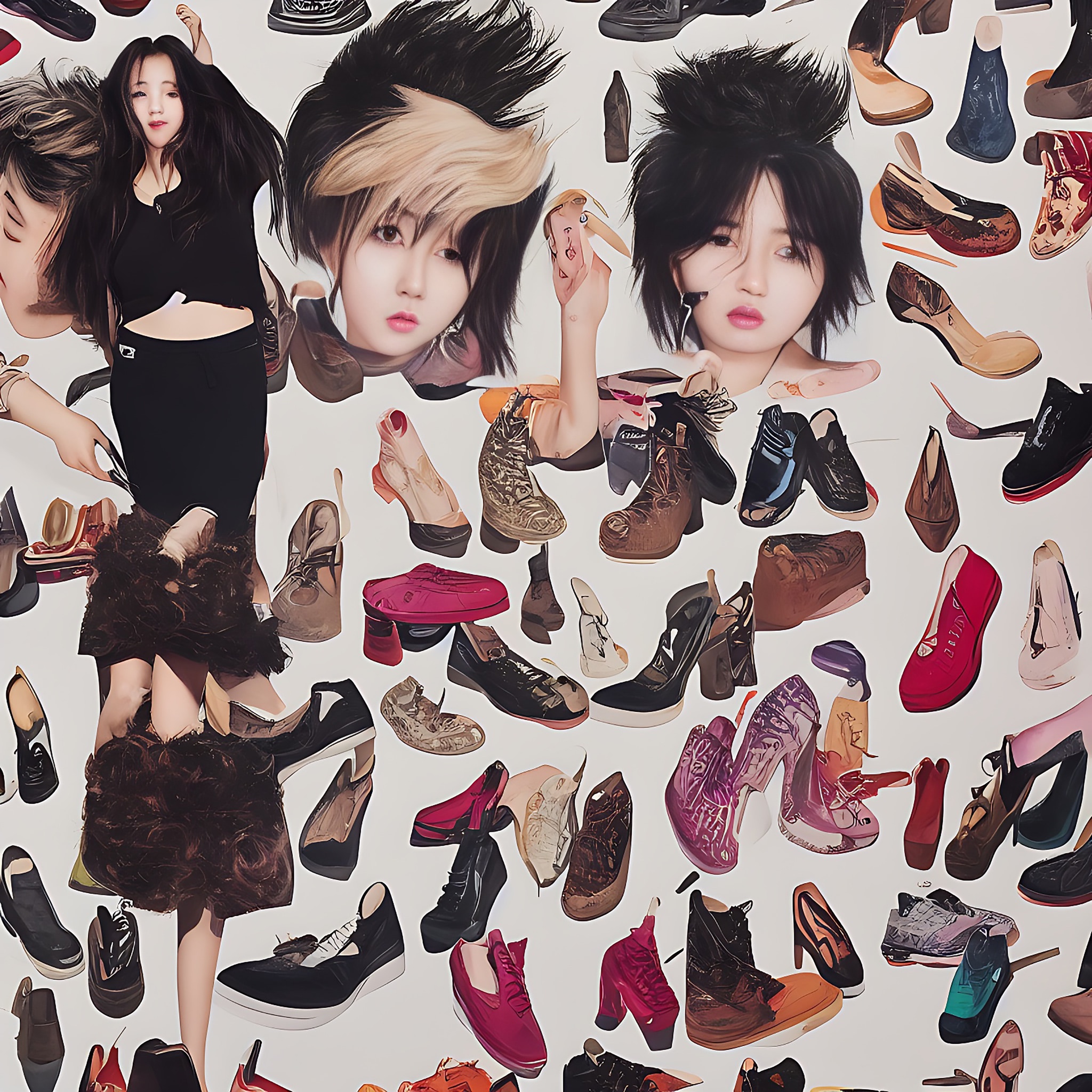 K-pop star surrounded by various shoes.