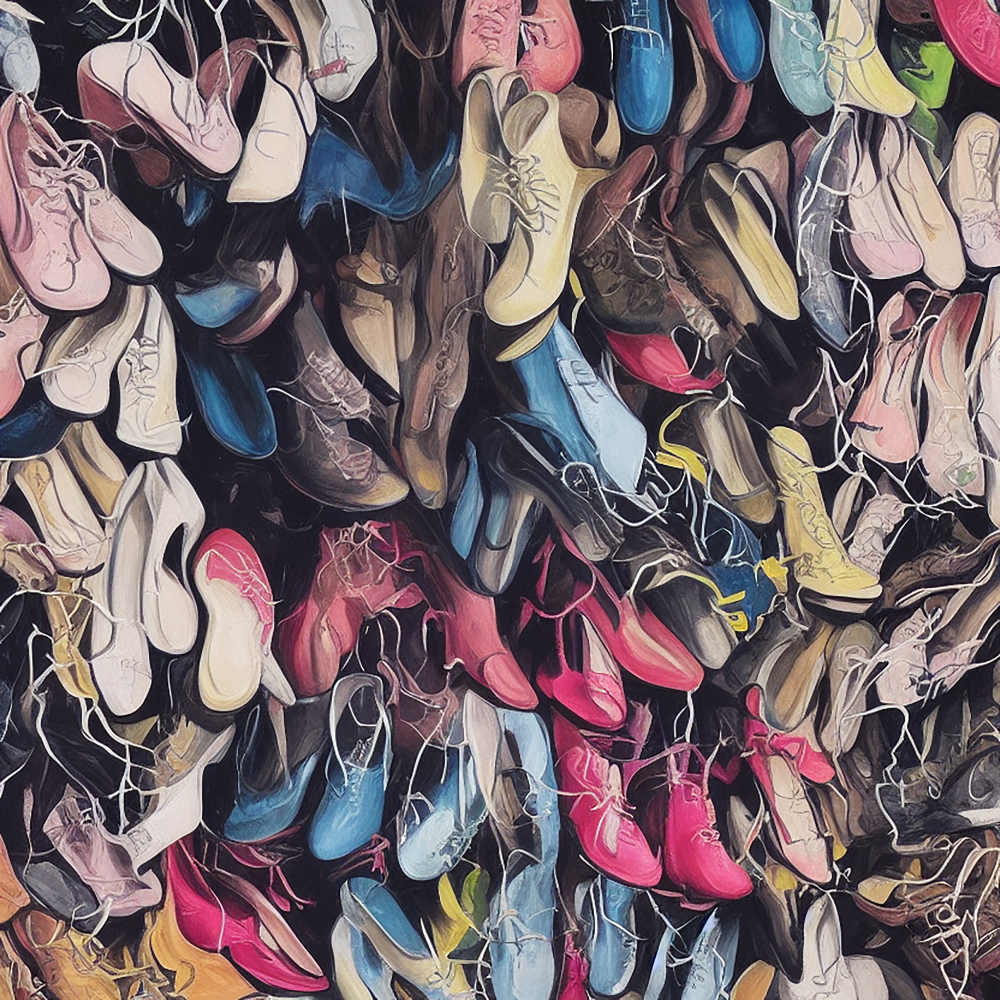 Painting of a pile of colorful shoes.