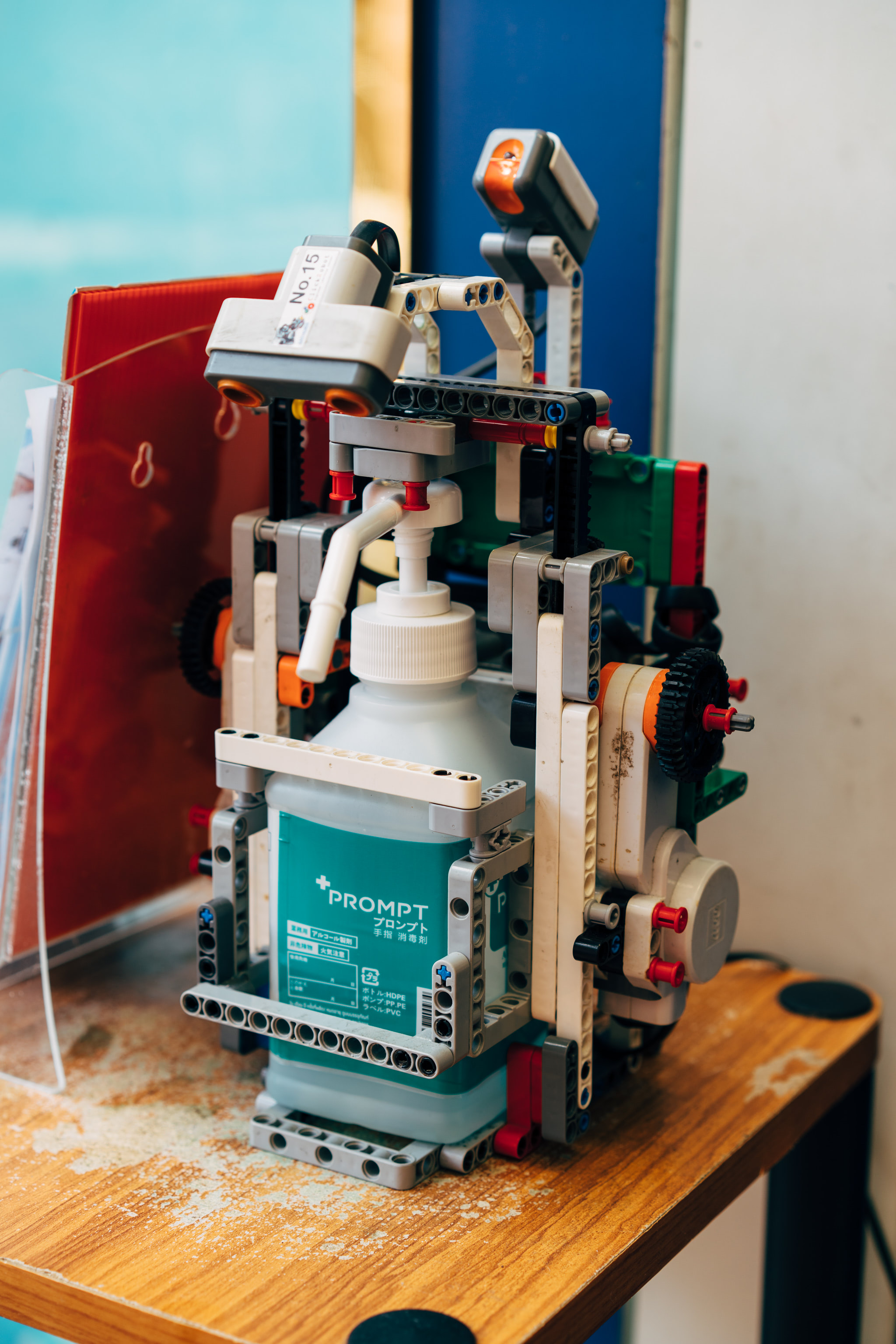 Lego Technic automated hand sanitizer dispenser.