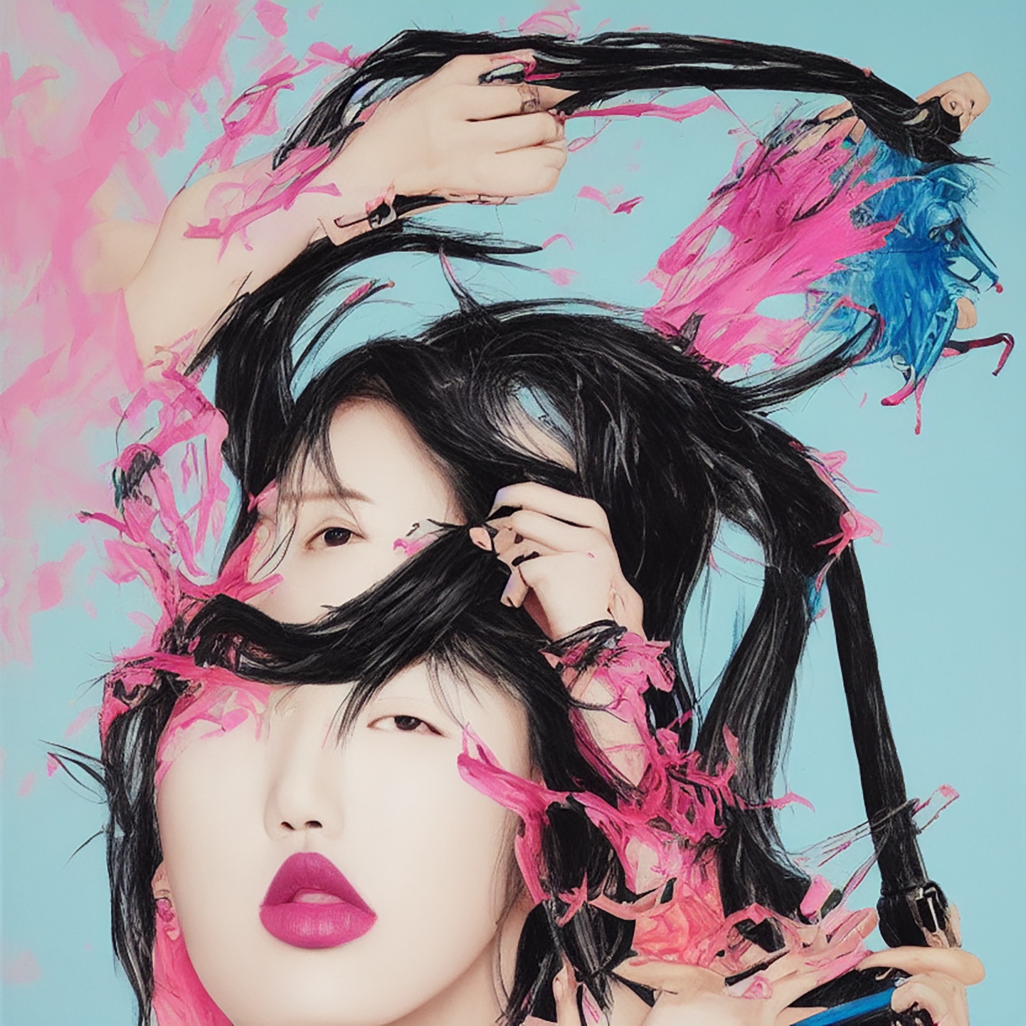 Woman with long black hair surrounded by pink and blue paint splatters.