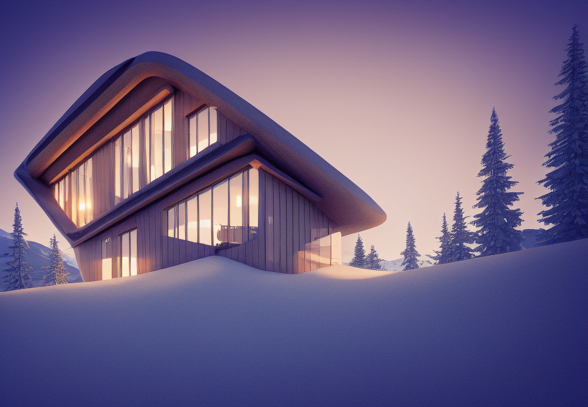 Modern luxury villa in the Swiss Alps covered in snow at dusk.