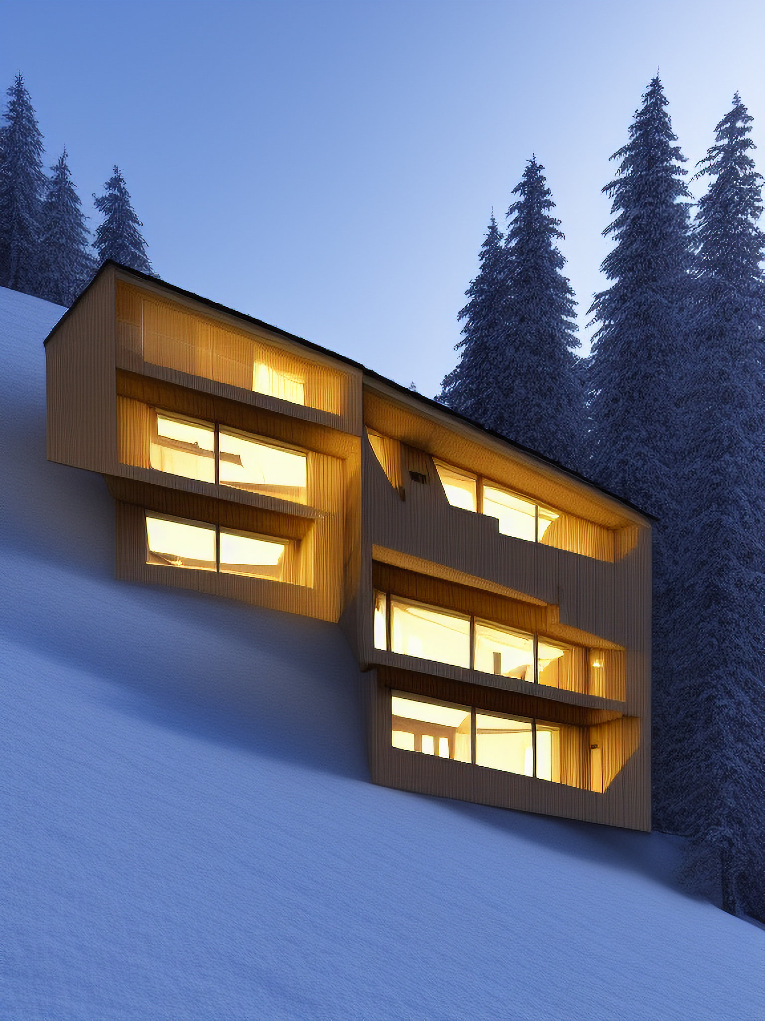 Modern, illuminated wood villa on snowy hillside at dusk.