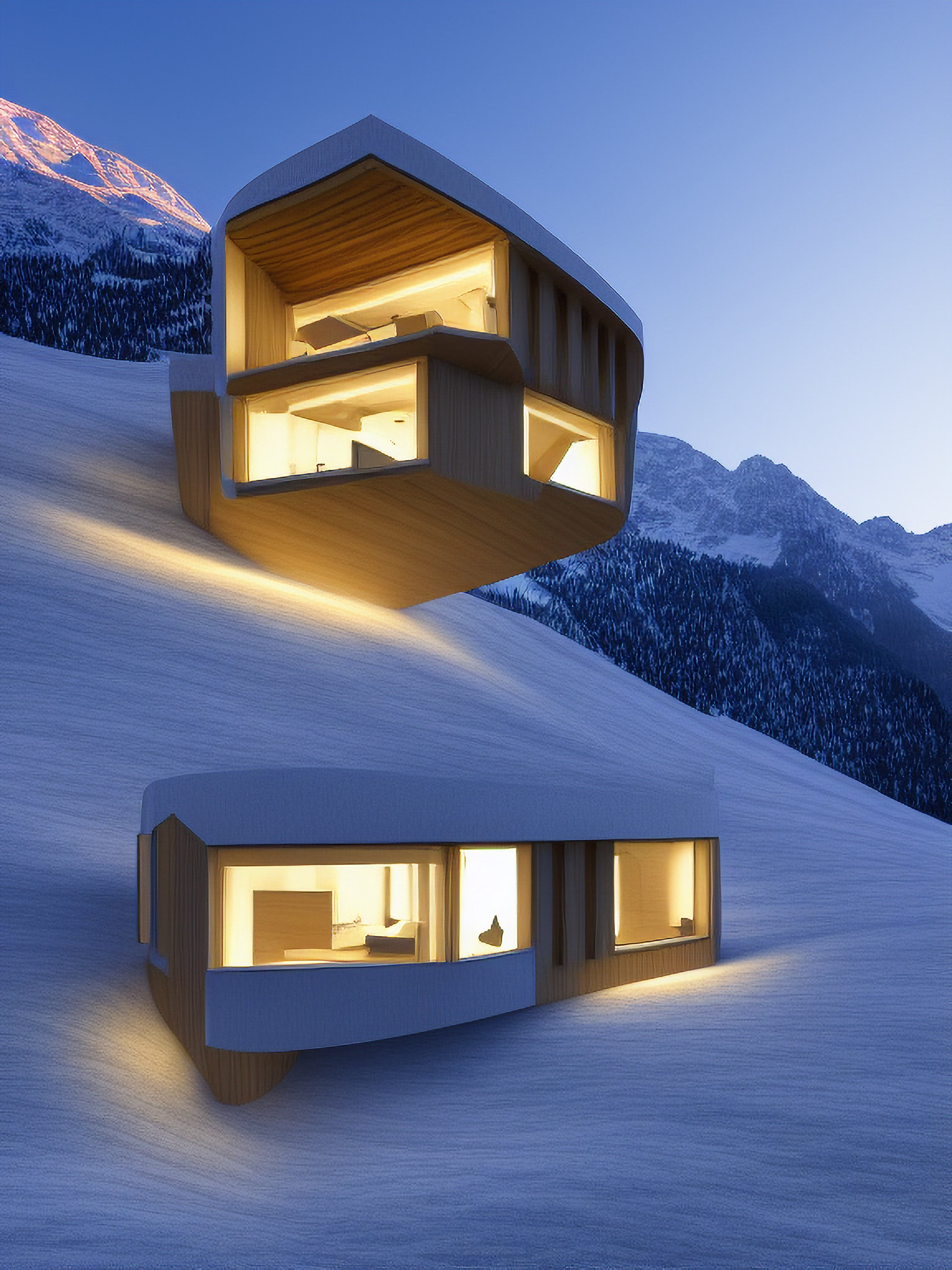 Two modern, illuminated villas nestled into a snowy Swiss Alps hillside at dusk.