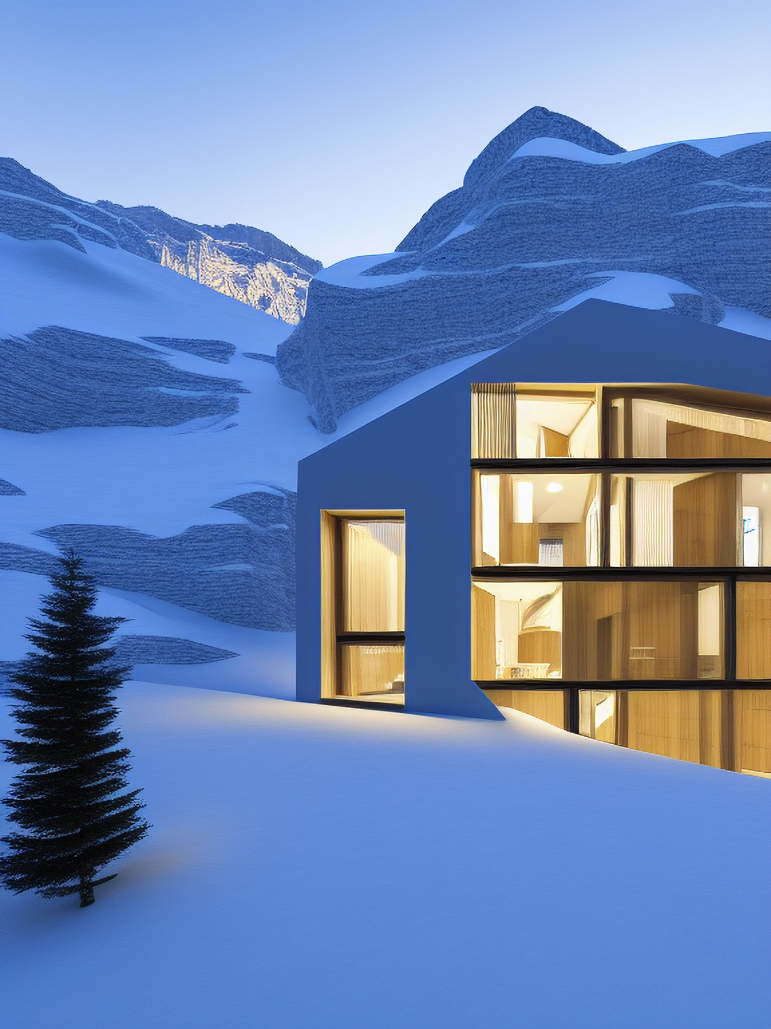 Modern villa in snowy Swiss Alps at dusk.