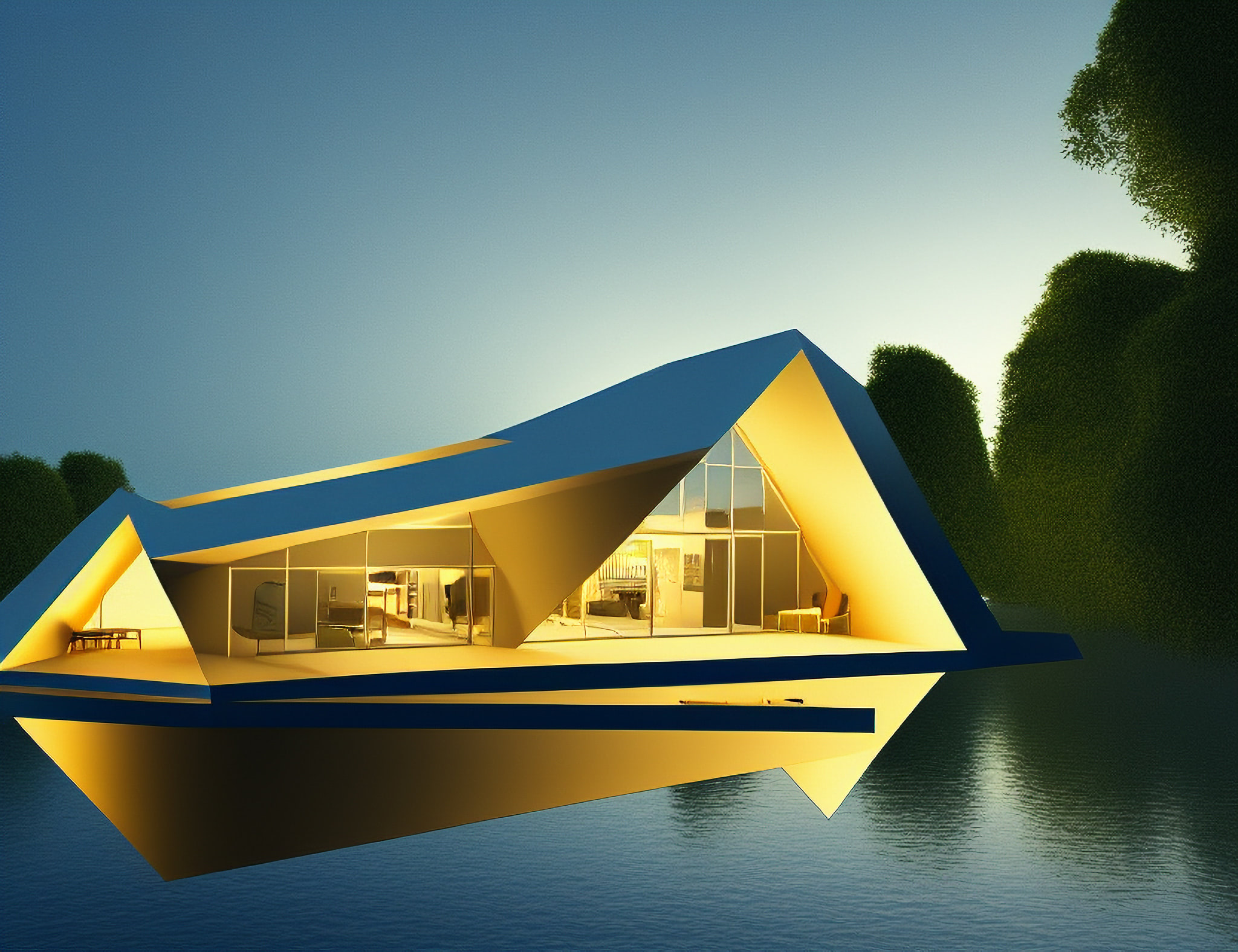 Modern luxury villa on waterfront at dusk.