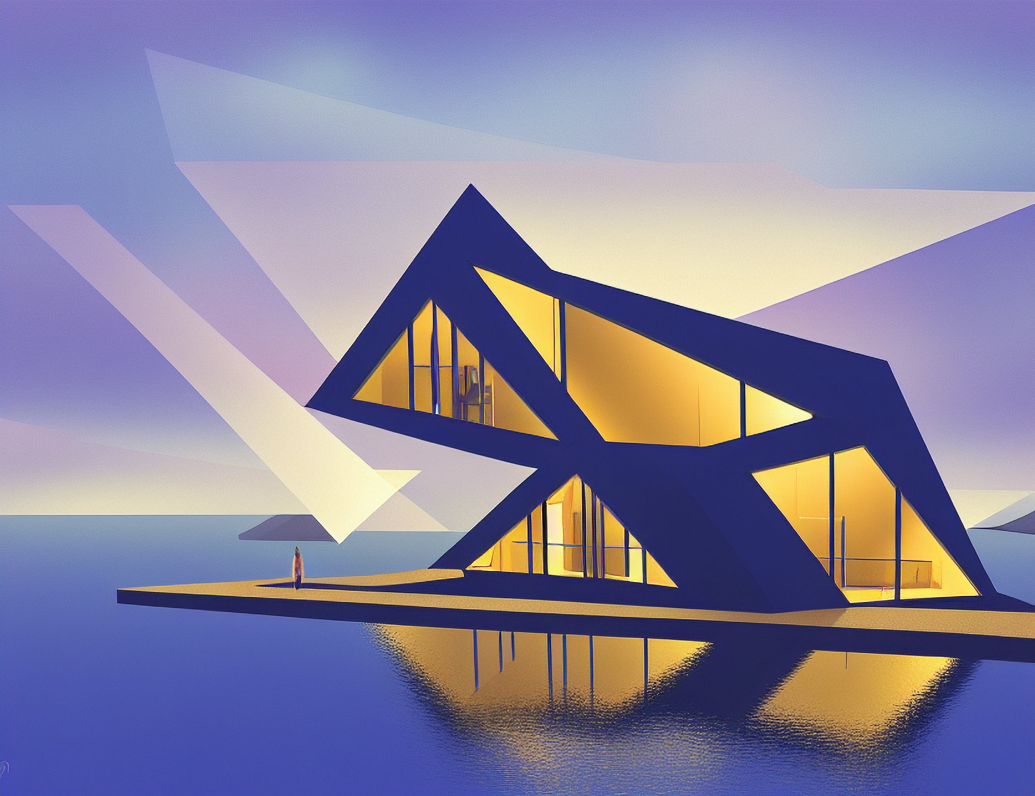 Modern, triangular luxury villa on water at dusk.