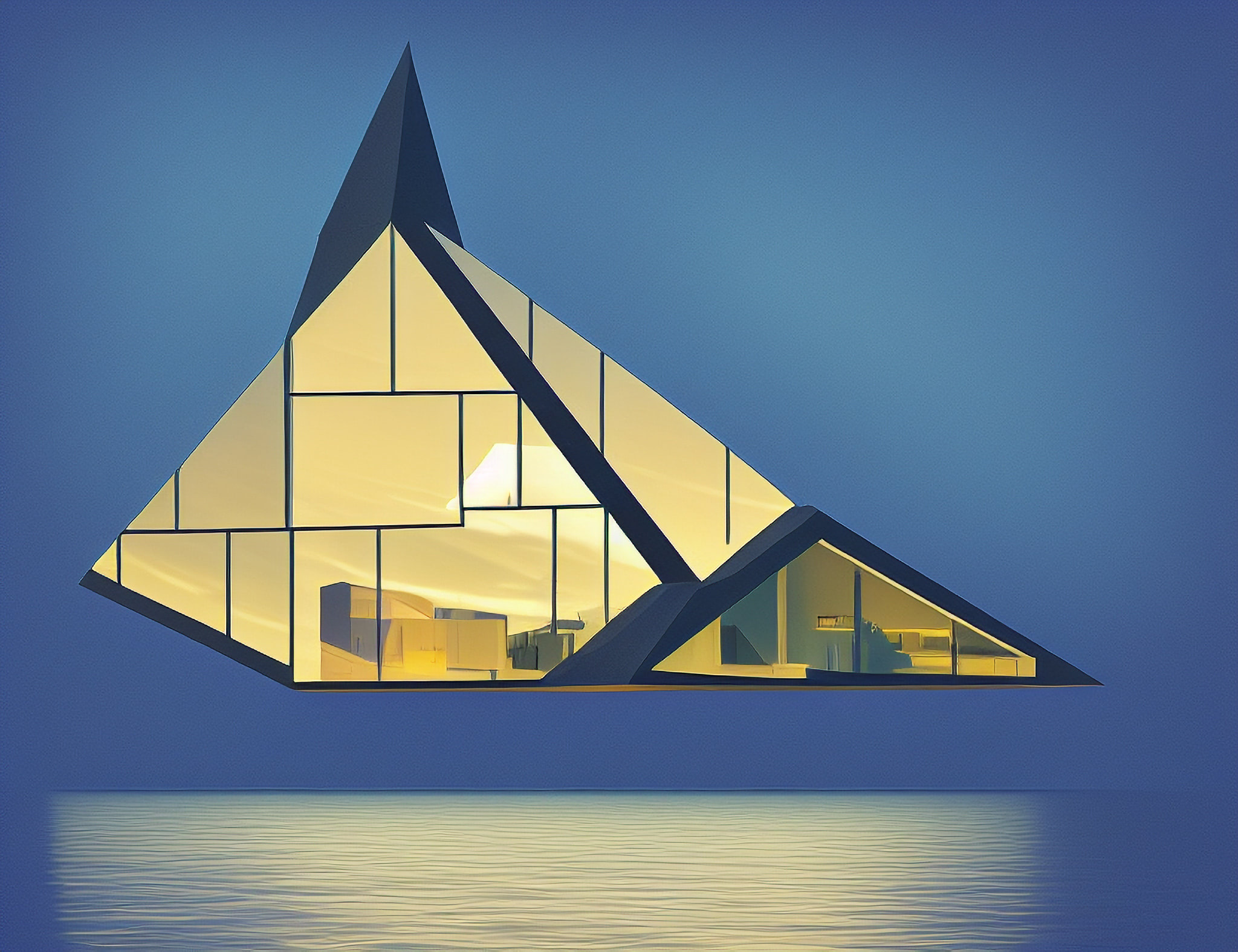 Modern triangular house reflected in calm water.
