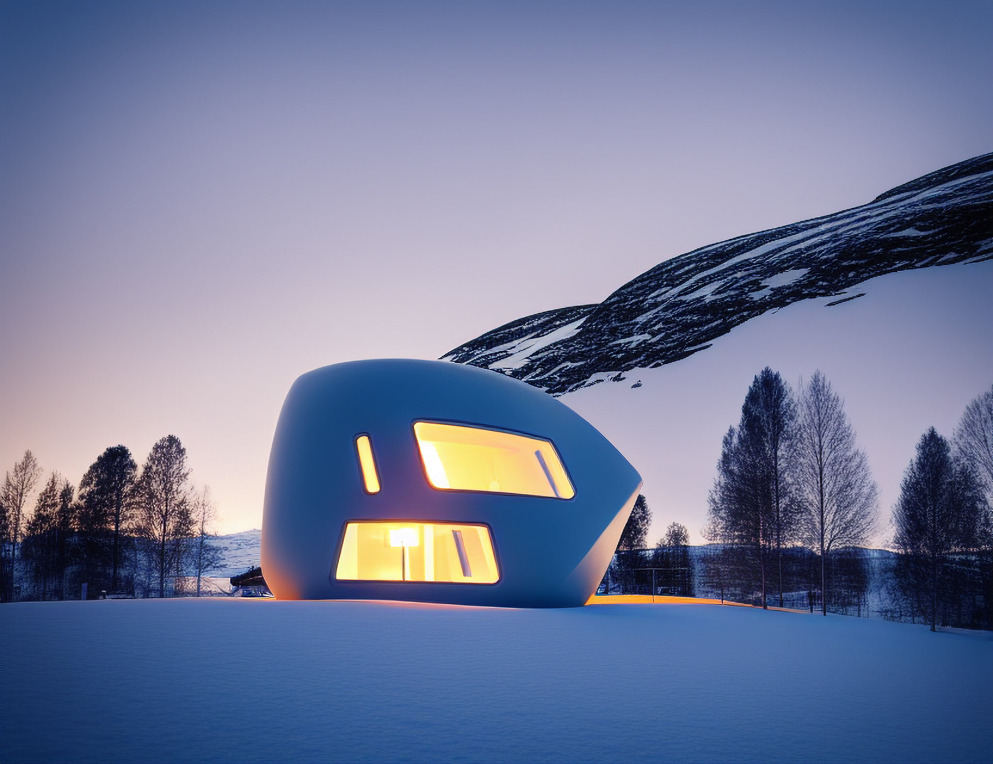 Modern, illuminated, gray villa in snowy Norway landscape.