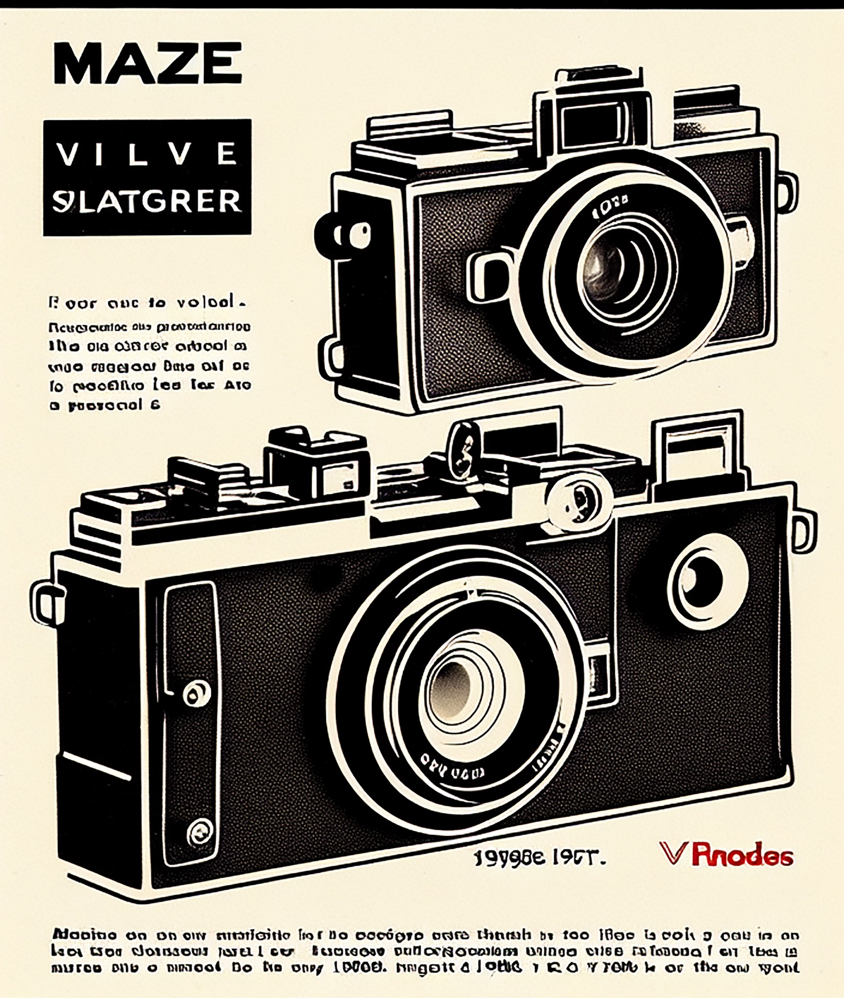 Vintage 1980s magazine ad featuring two illustrated cameras.