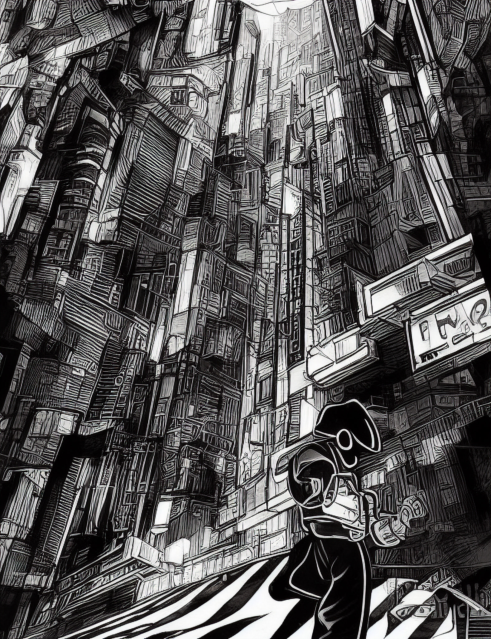 Black and white illustration of a firefighter in a futuristic city.