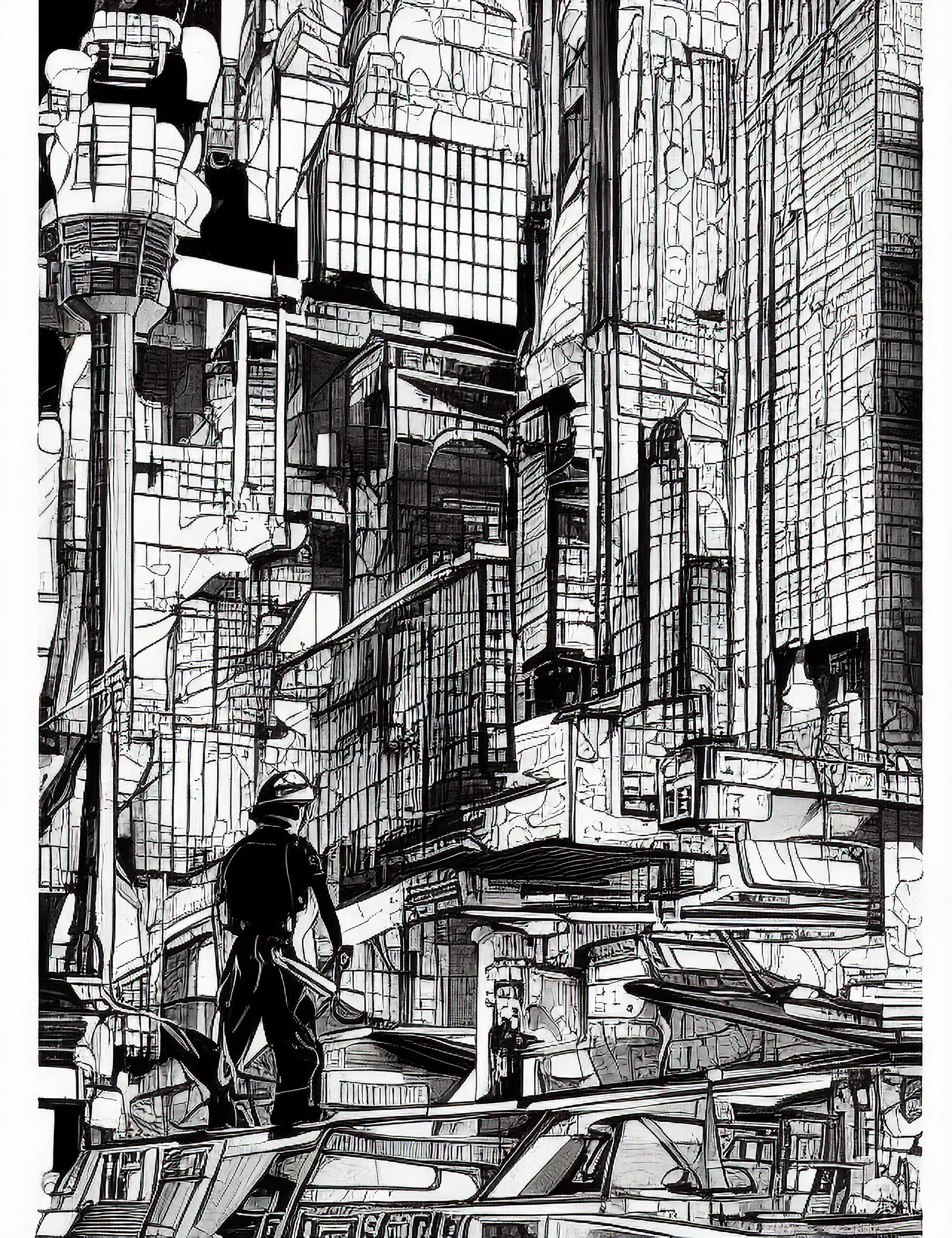 Black and white manga-style illustration of a firefighter in a dark, futuristic city.