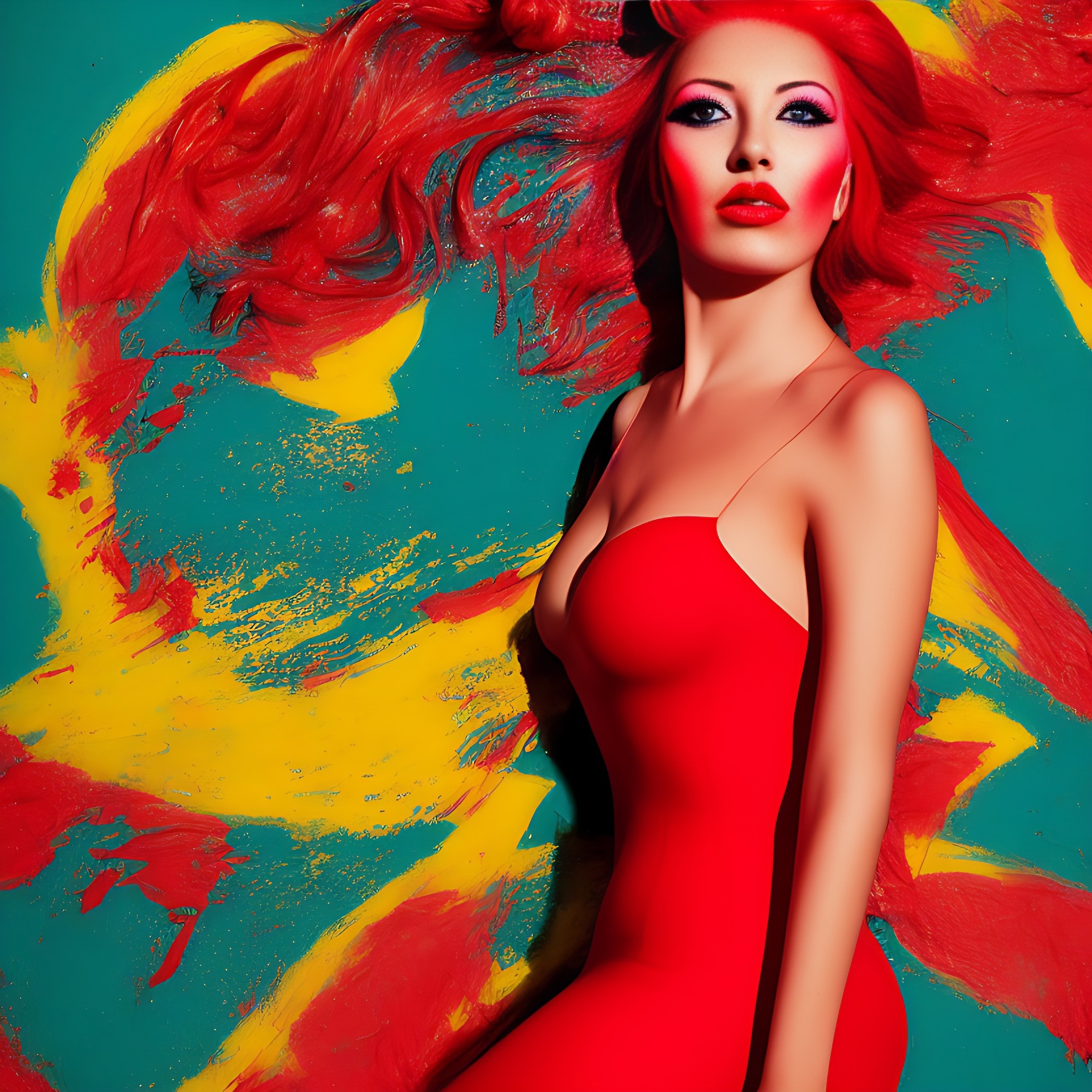 Woman with red hair and red dress on colorful background.