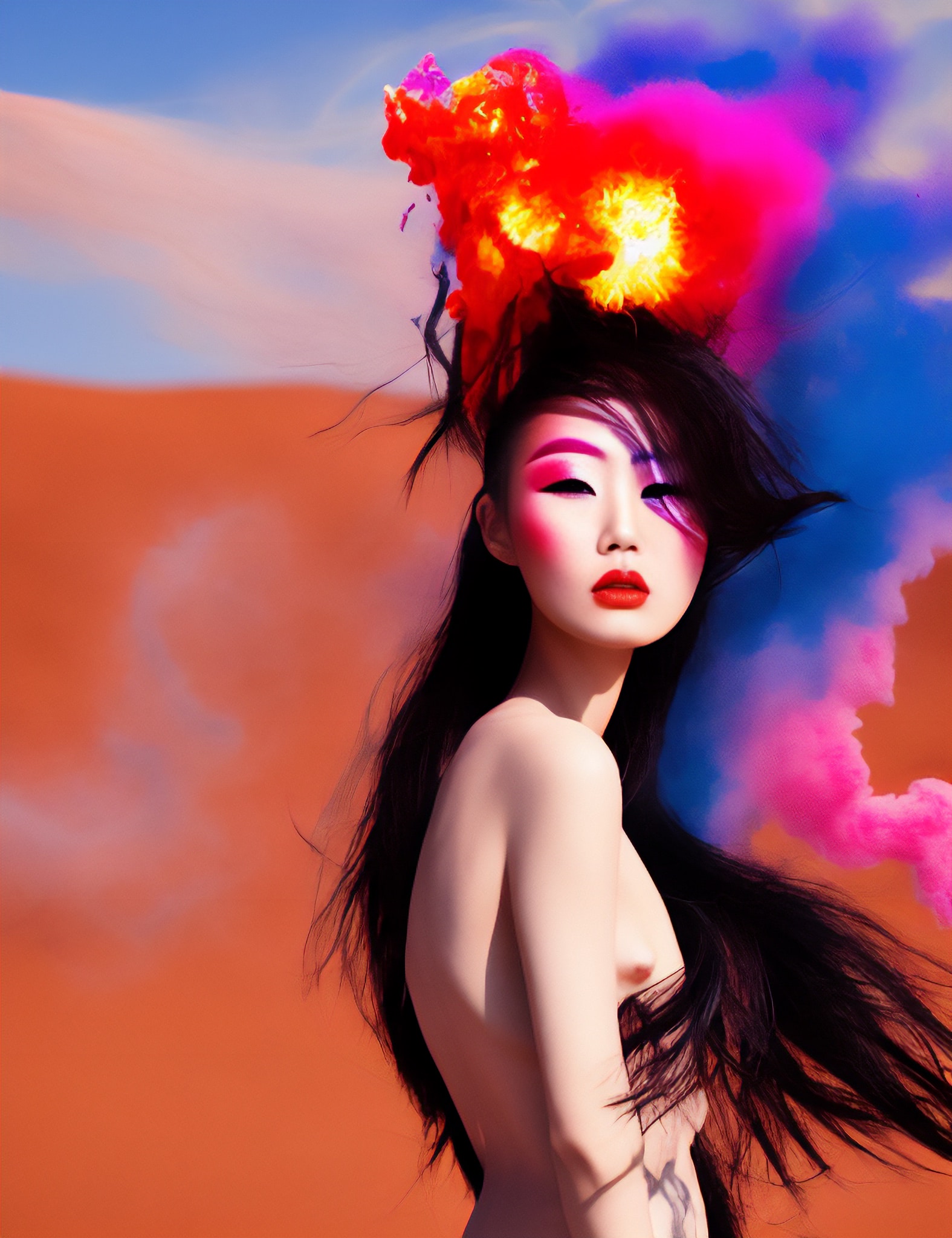 Woman with colorful smoke headpiece in desert landscape.