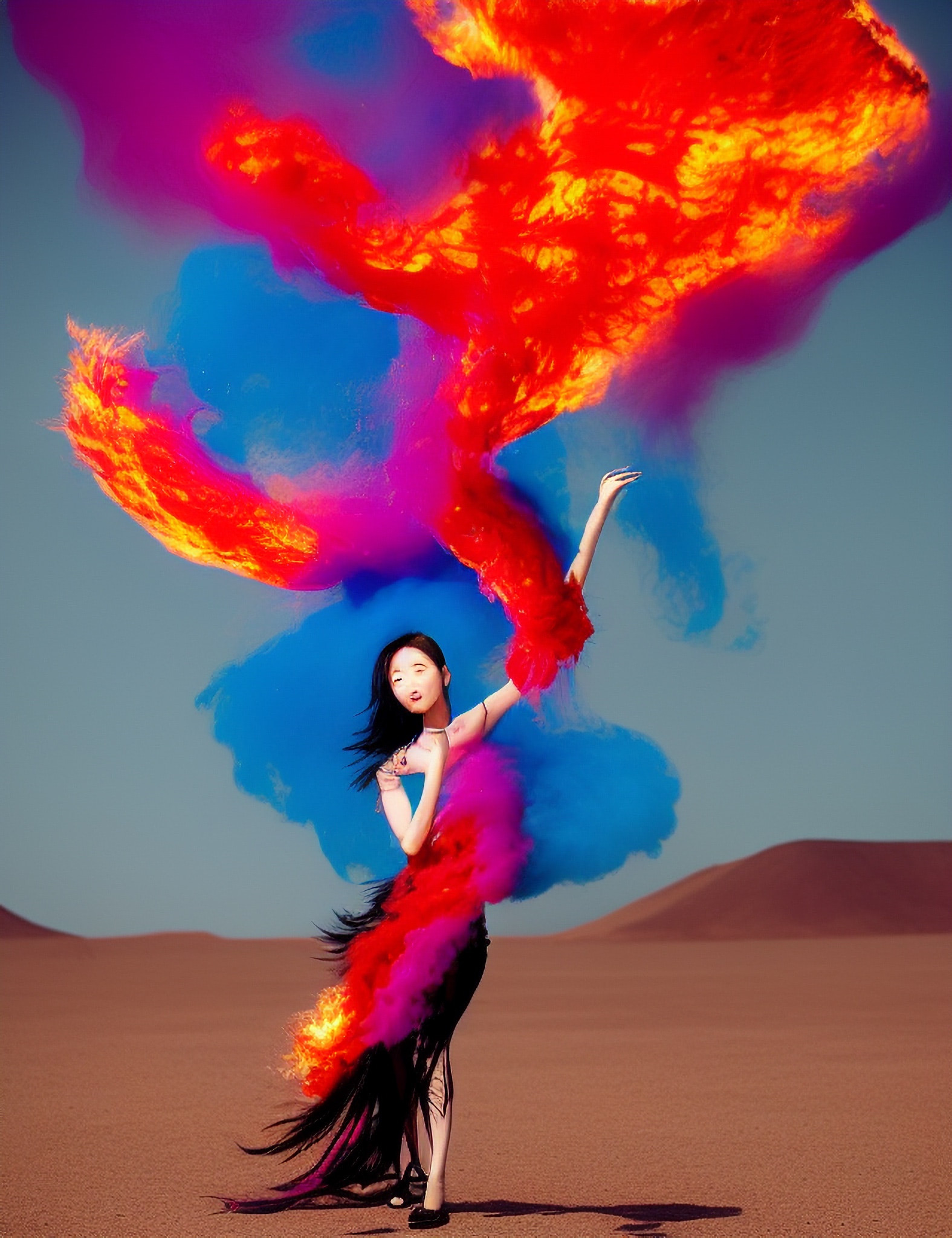 Woman in black dress amidst colorful smoke in desert.