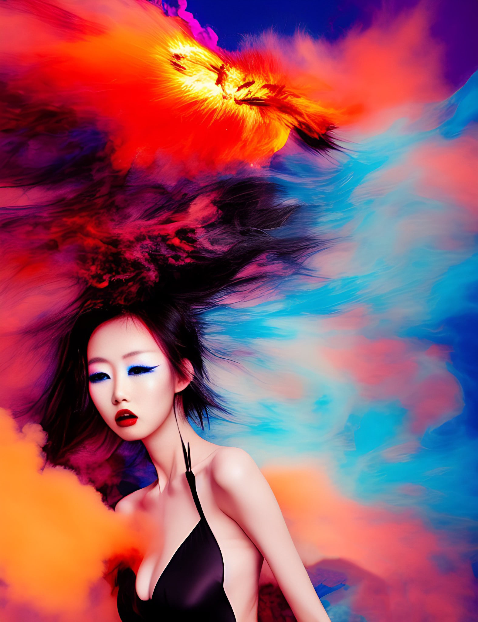 Woman with dark hair styled amidst colorful smoke.