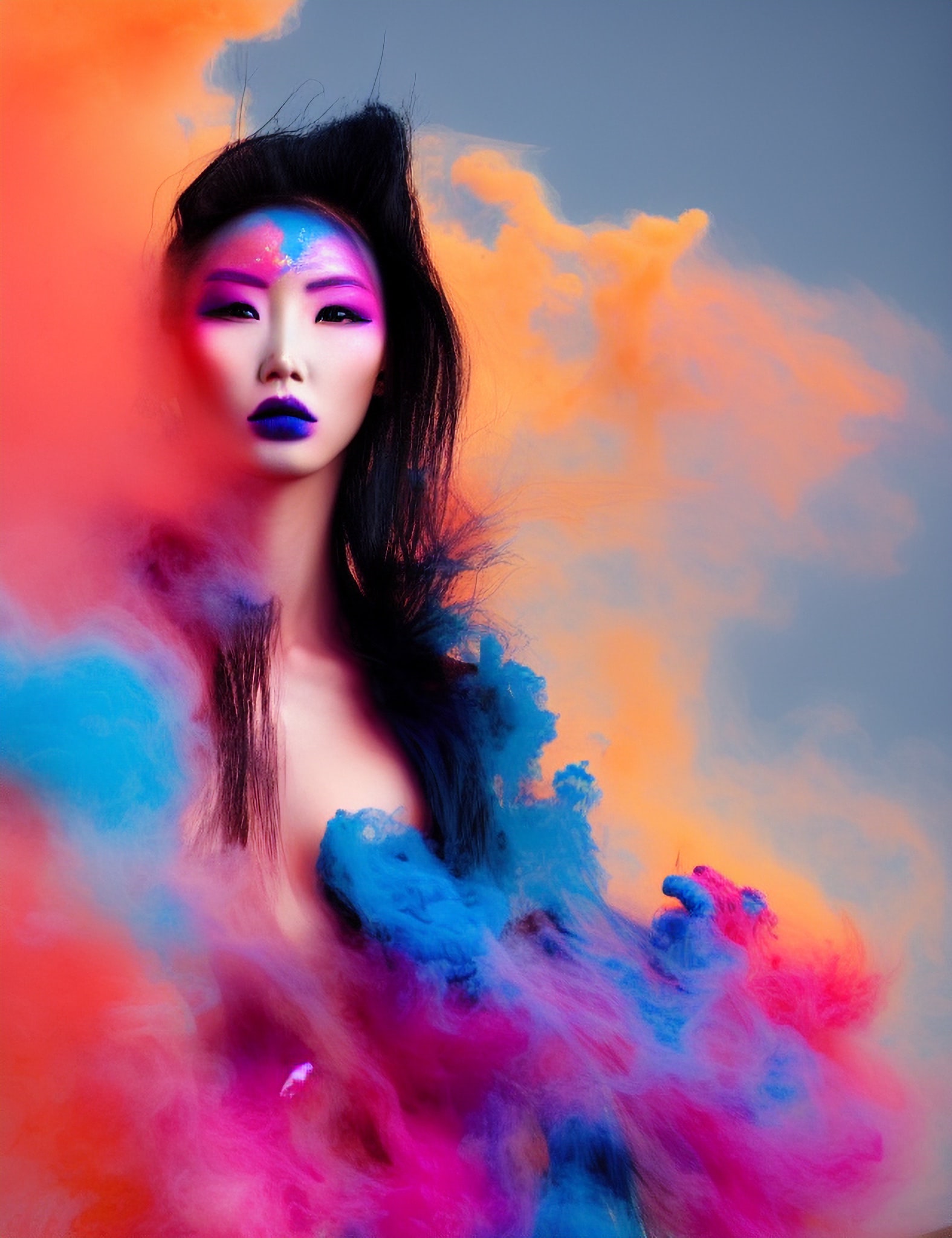 Woman with colorful makeup surrounded by vibrant pink, blue, and orange smoke.