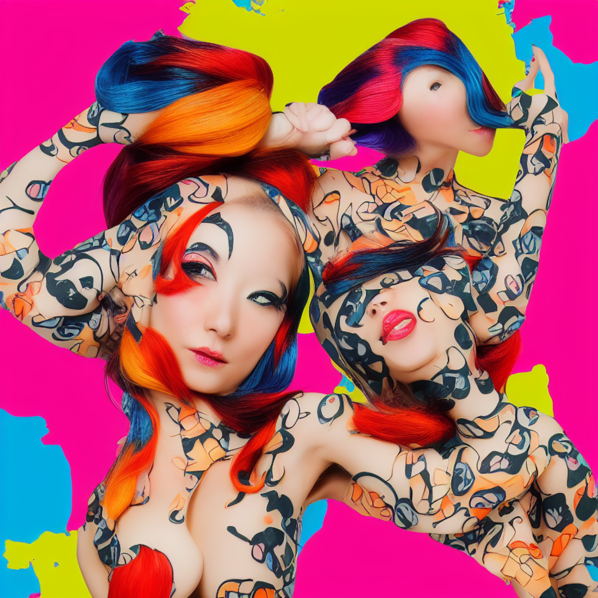Three women with vibrant, colorful hair and body paint in a pop art style.