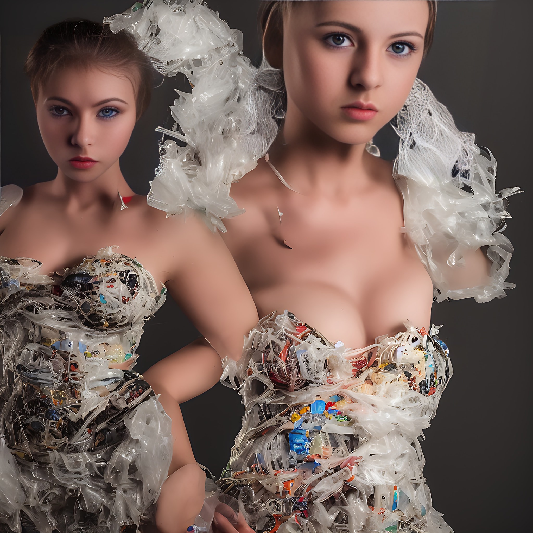 Two women in dresses made of plastic trash.