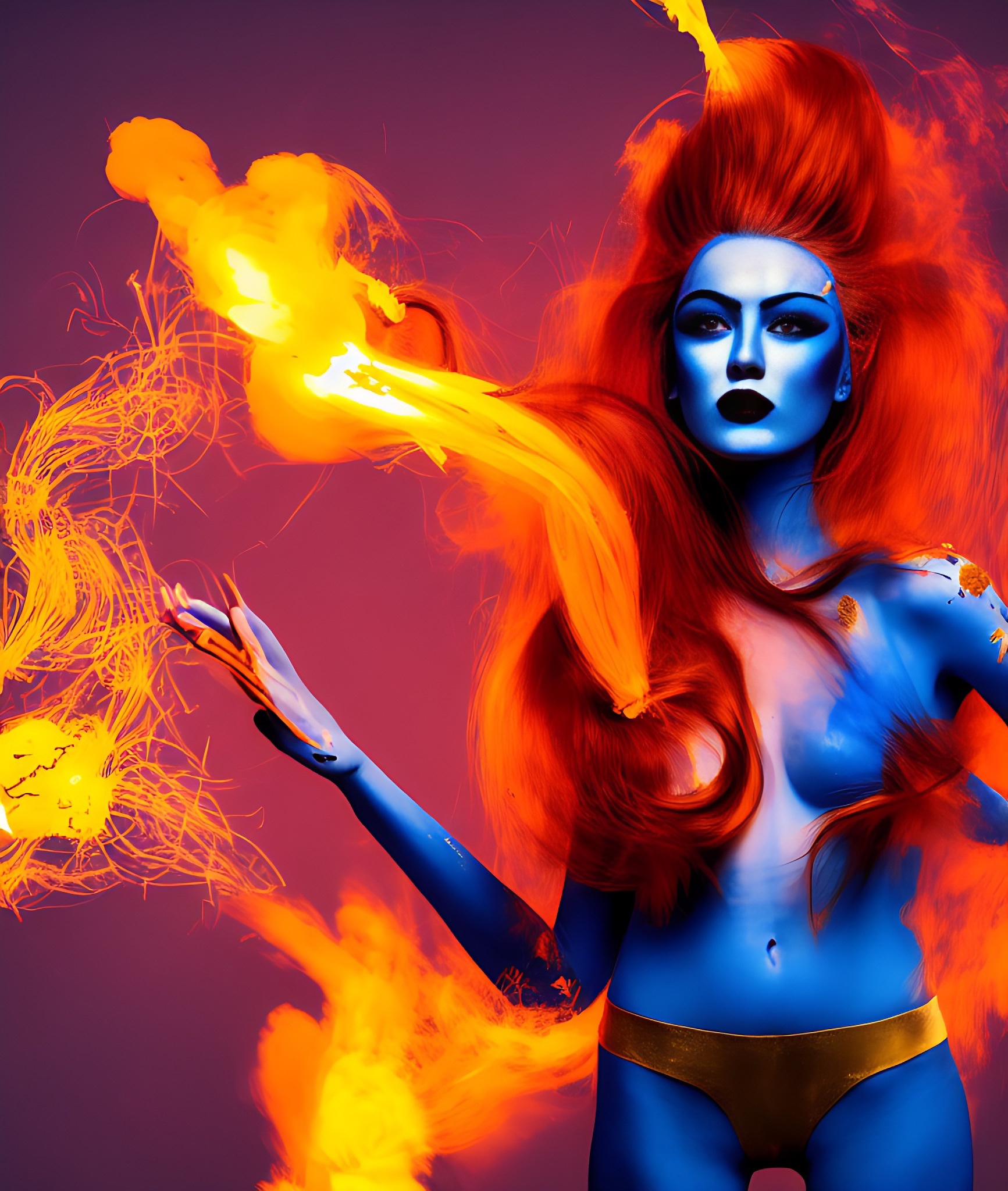 Blue-skinned woman with vibrant red hair surrounded by orange flames.