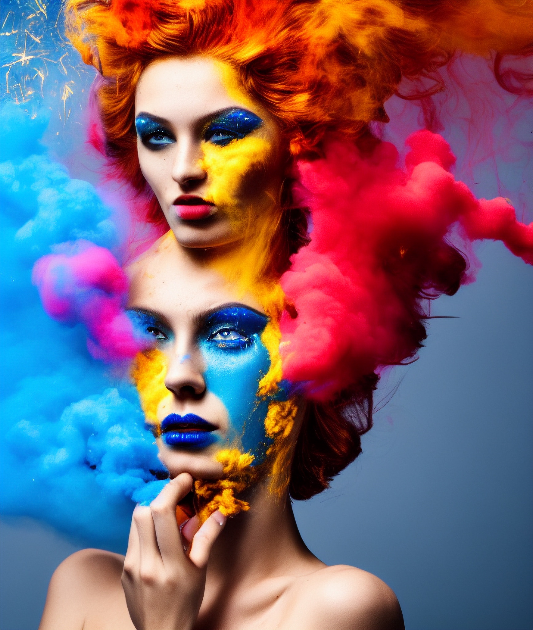 Woman with vibrant hair and face paint surrounded by colorful smoke.