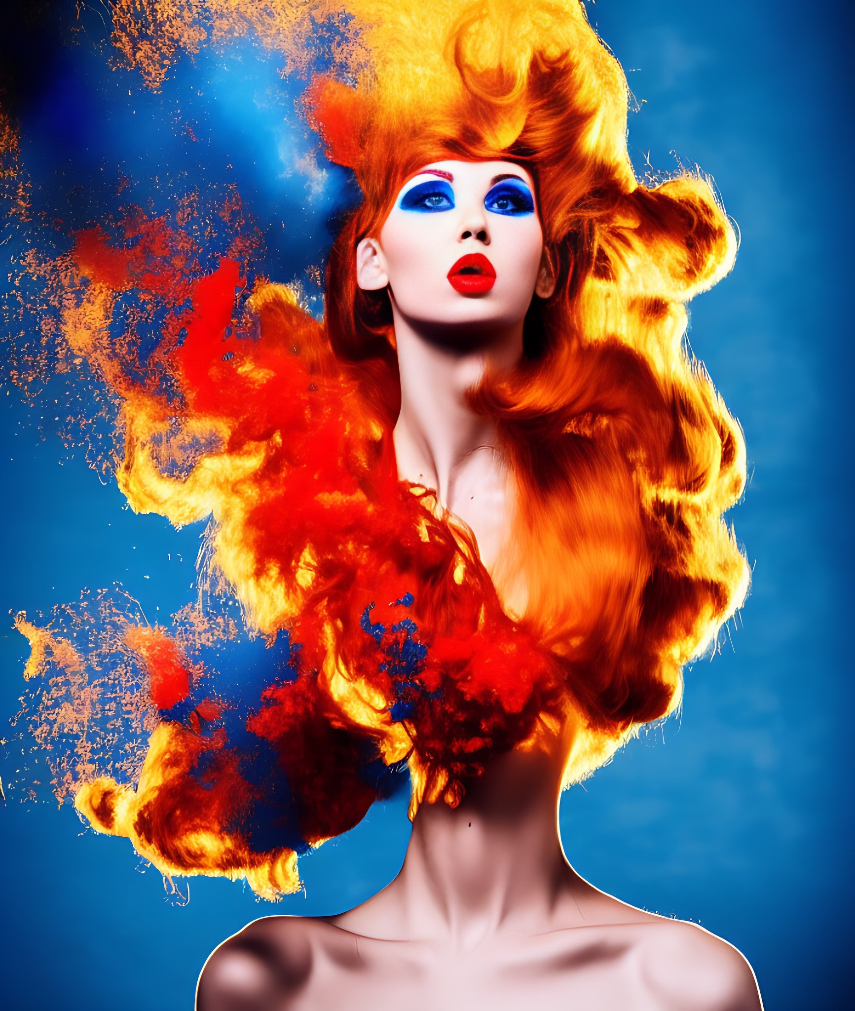 AI artwork of a woman with fiery orange hair, styled dramatically, against a blue background.