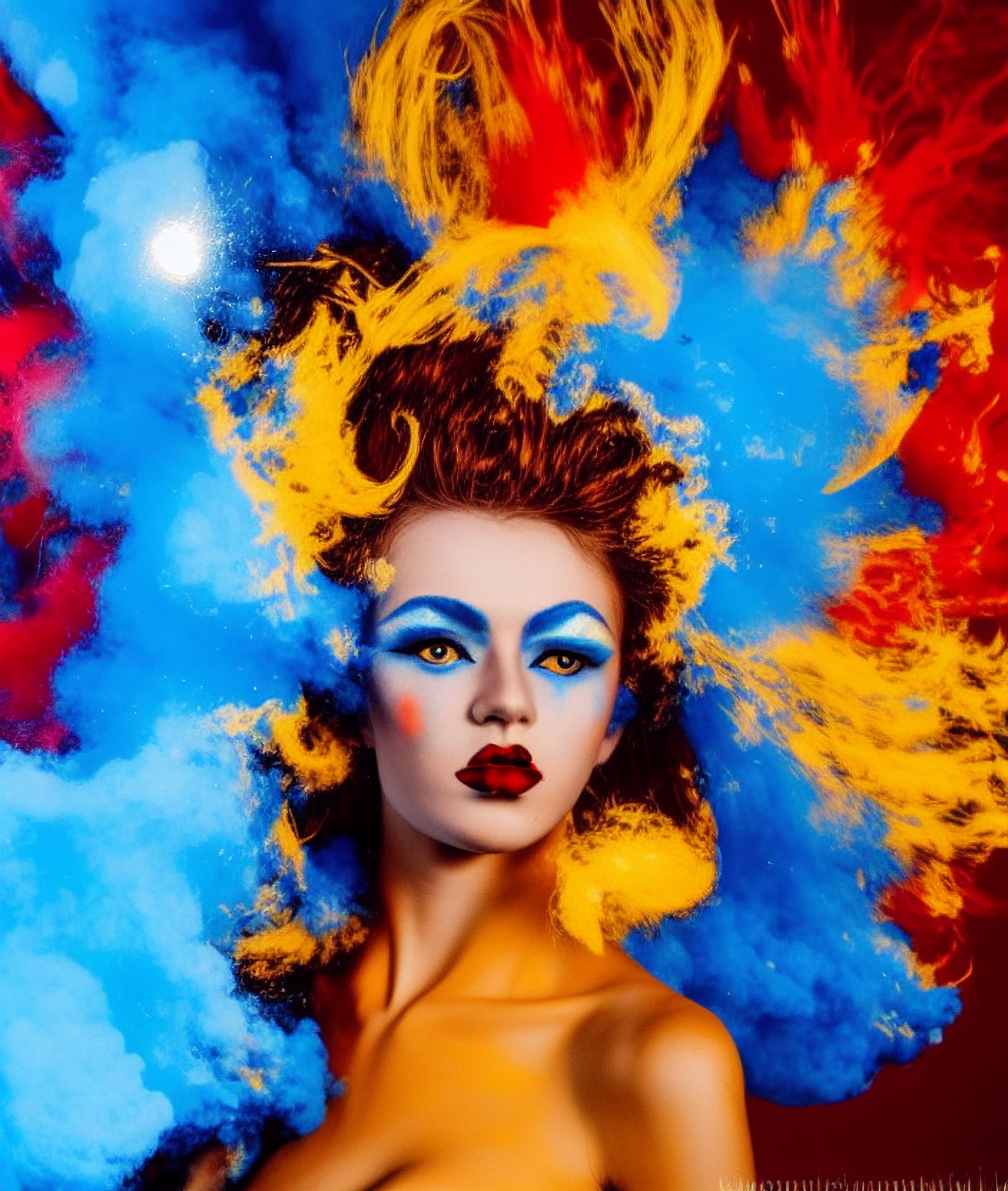 AI artwork of a woman with vibrant yellow and blue hair, dramatic makeup, and bare shoulders.