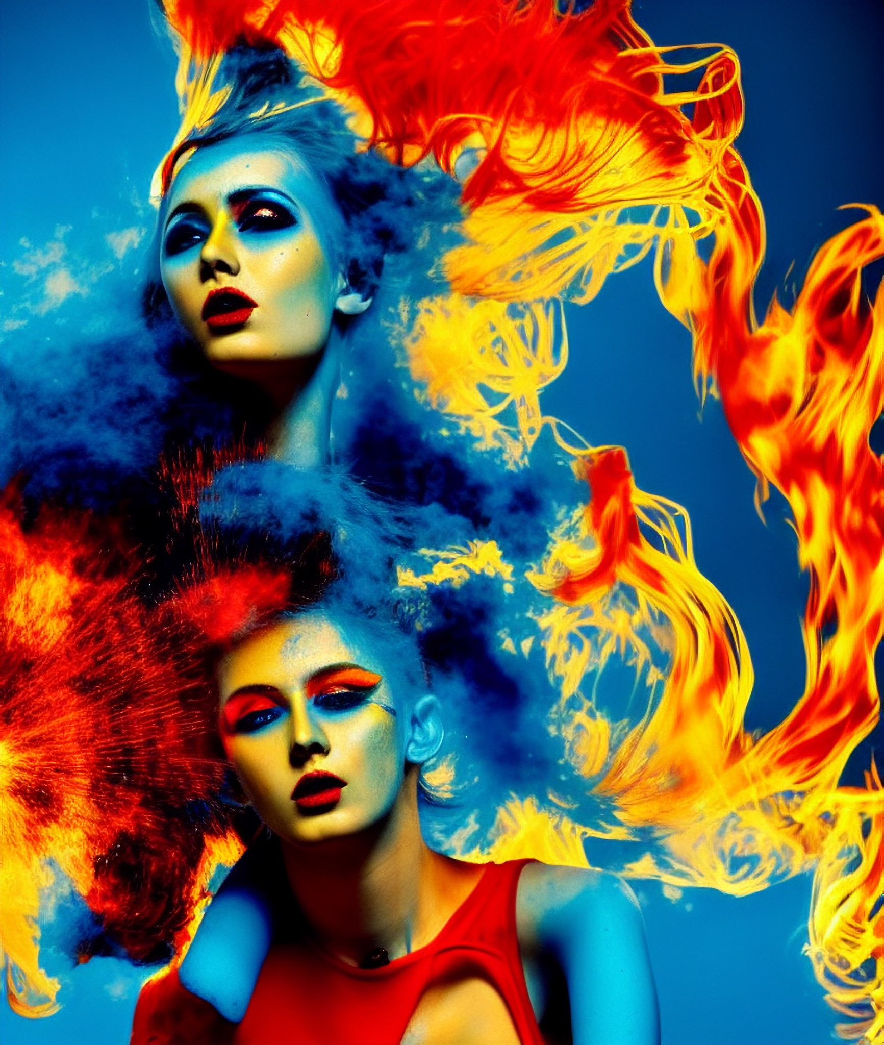 AI artwork of two women with vibrant blue and orange hair and body paint.