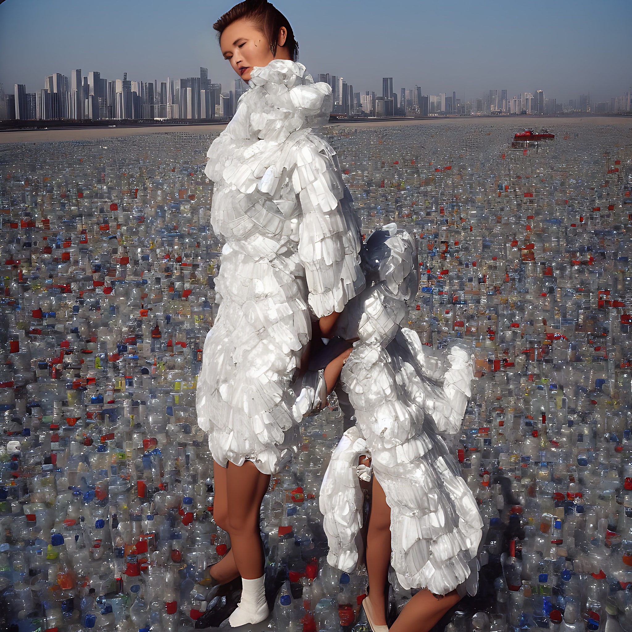 Two models wearing dresses made of plastic bottles stand on a field of discarded plastic bottles in front of a cityscape.