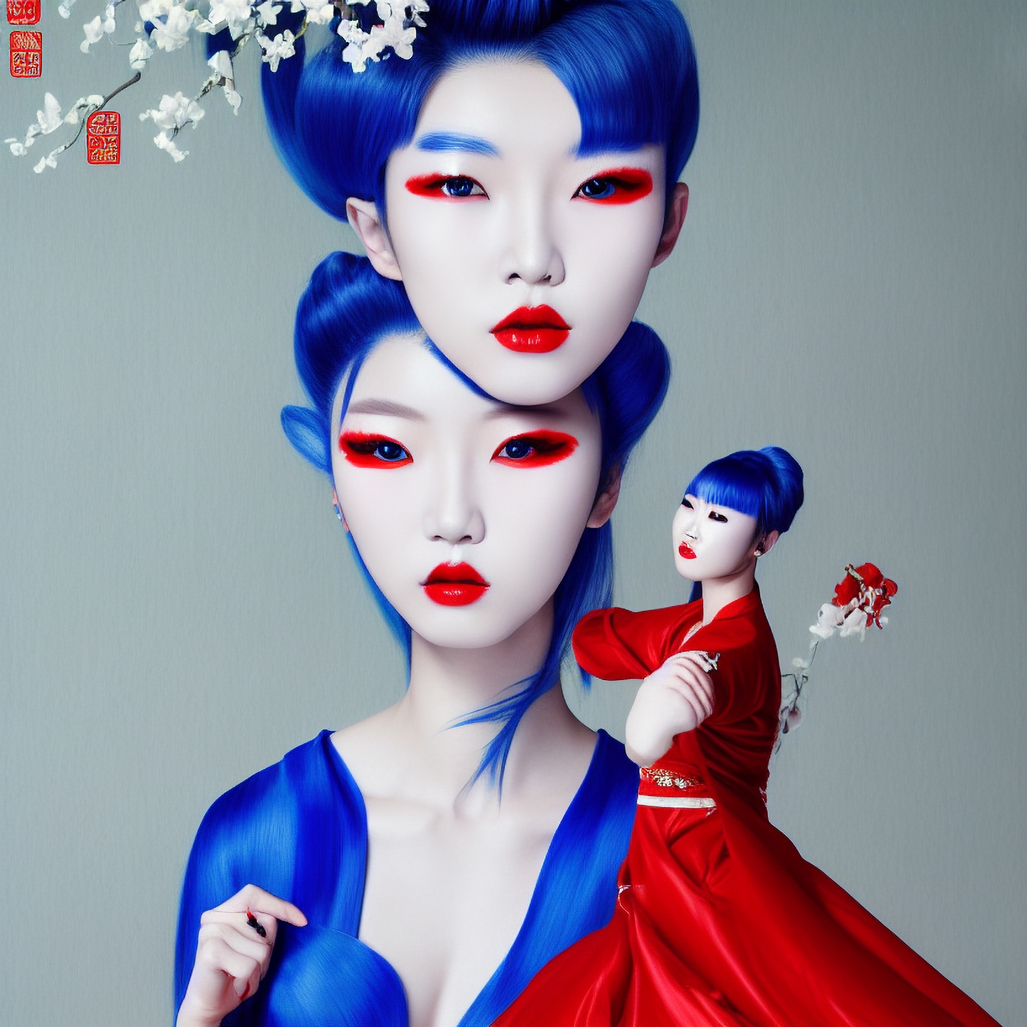 3D art of a woman with vibrant blue hair and red makeup, styled in a way reminiscent of Korean or Chinese fashion.