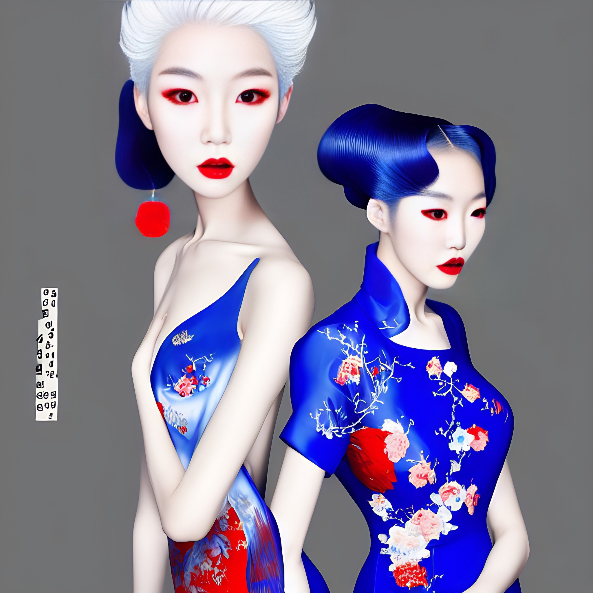 Two 3D-rendered models, one with white hair and one with blue hair, wearing blue dresses with red and white floral patterns.