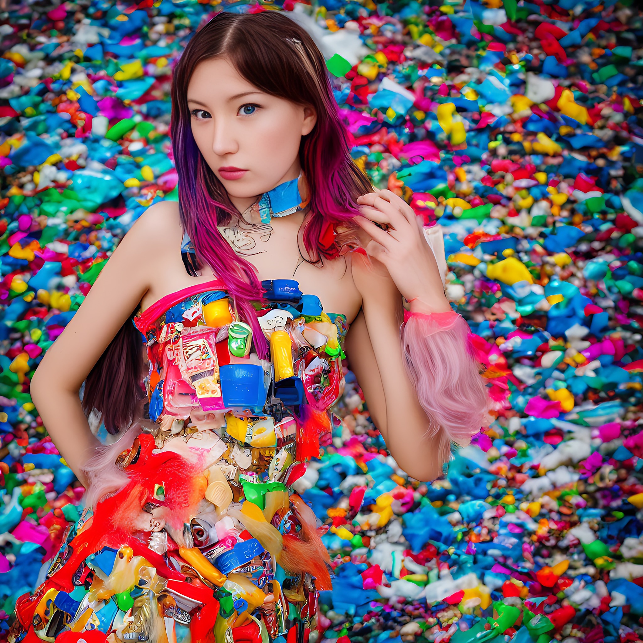 Woman with pink hair wearing a dress made of plastic trash.
