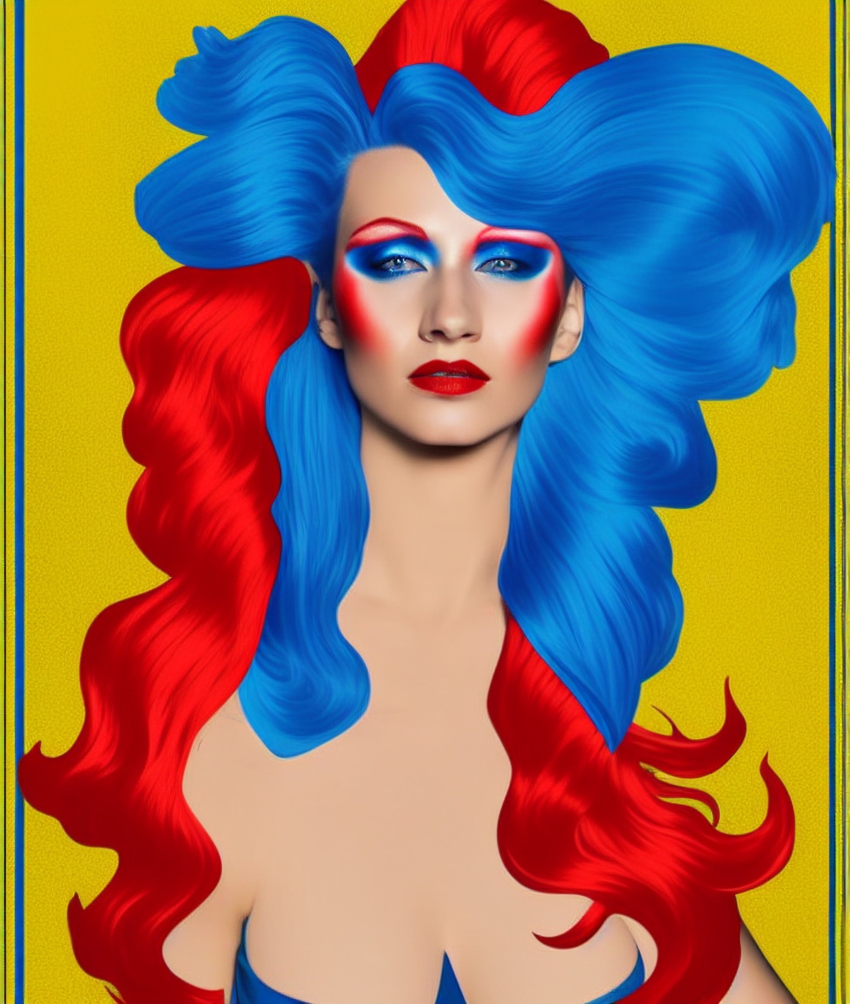 Portrait of a woman with vibrant red and blue hair against a yellow background.
