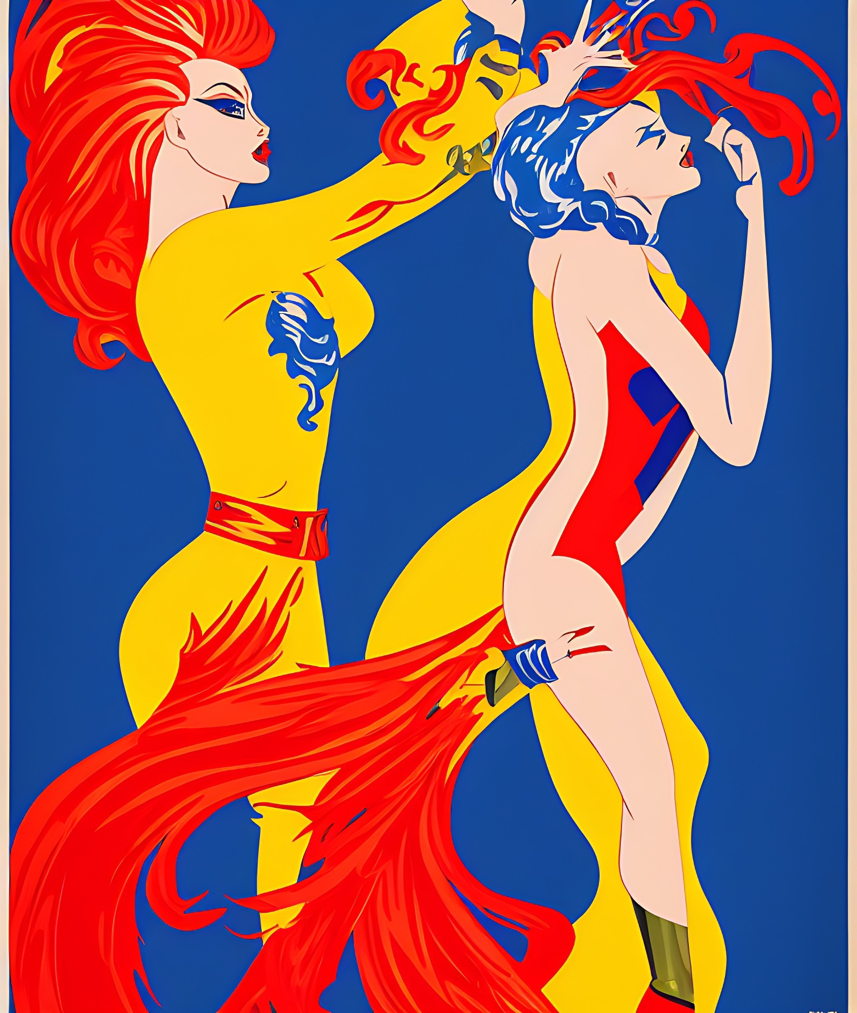 Abstract art poster of two women in red, yellow, and blue.