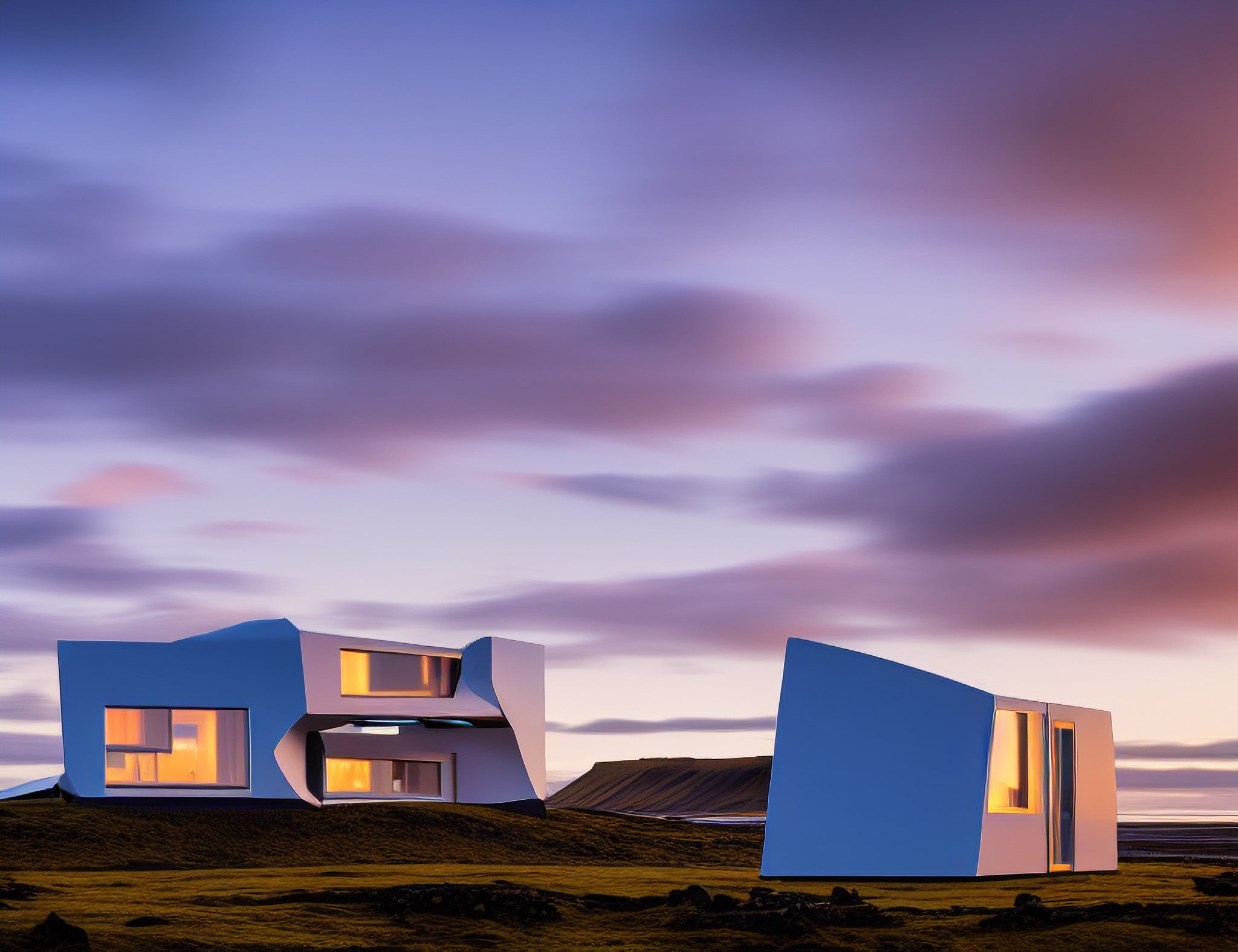 Modern, luxury vacation villas in Iceland at sunset.