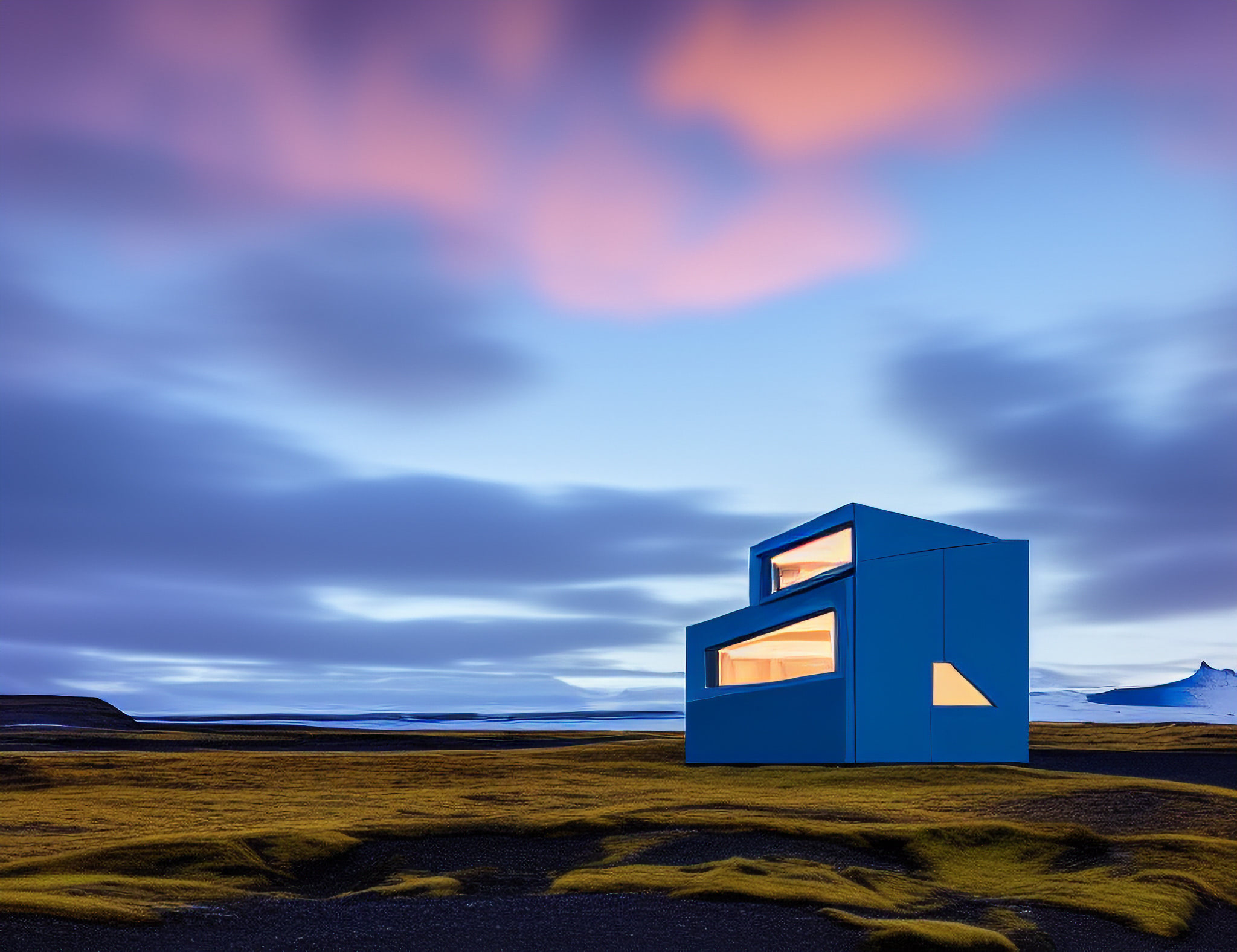 Modern blue villa at dusk in Iceland.
