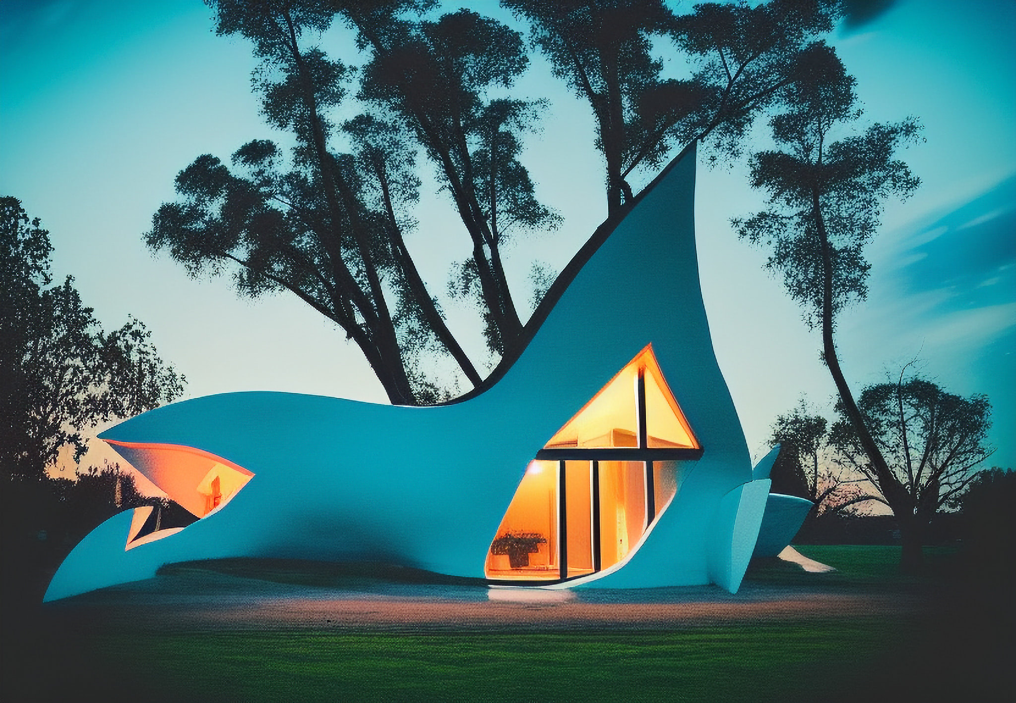 Modern, teal-colored vacation home at dusk, lit from within.