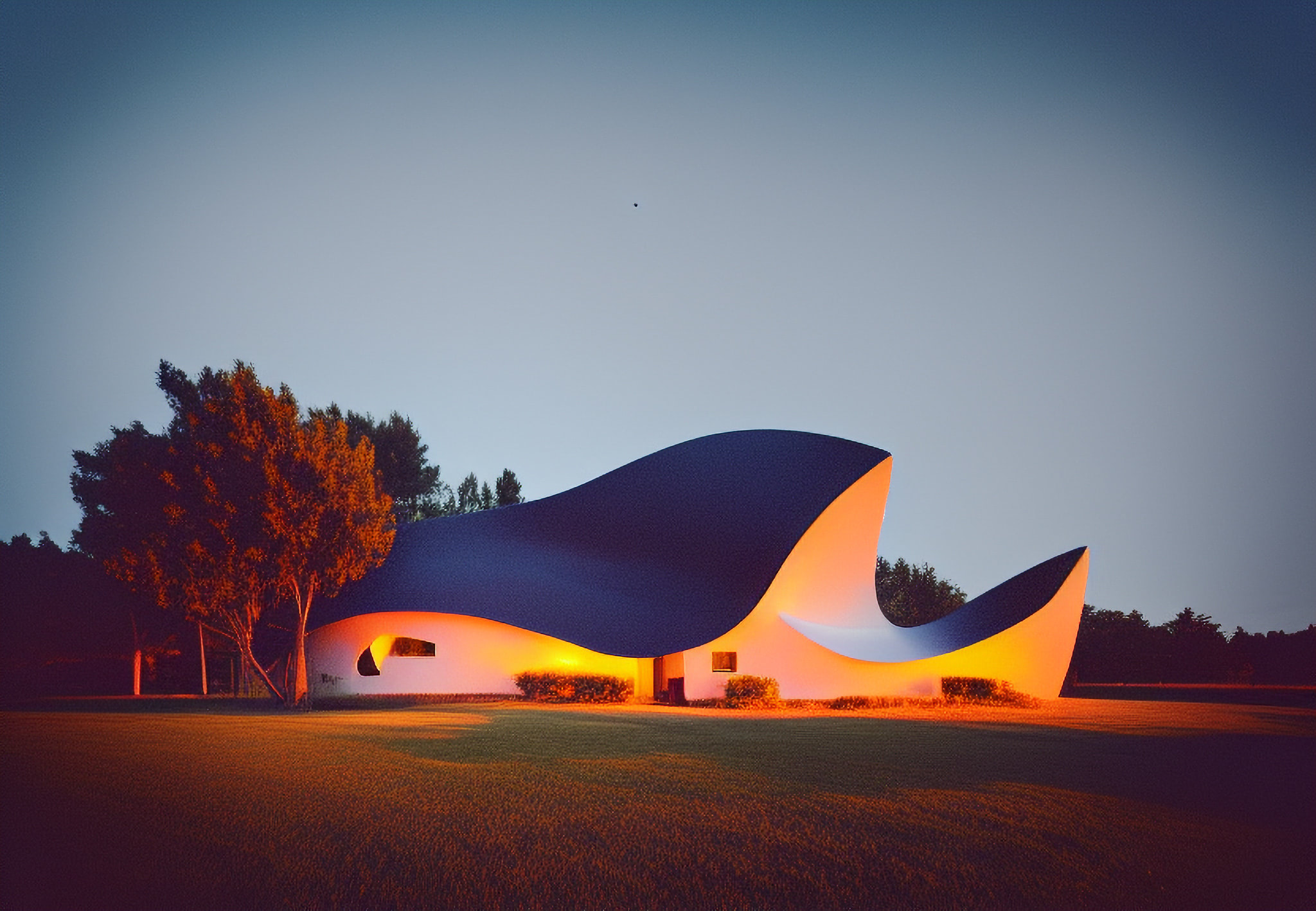 Modern vacation home in Belgium at sunset.
